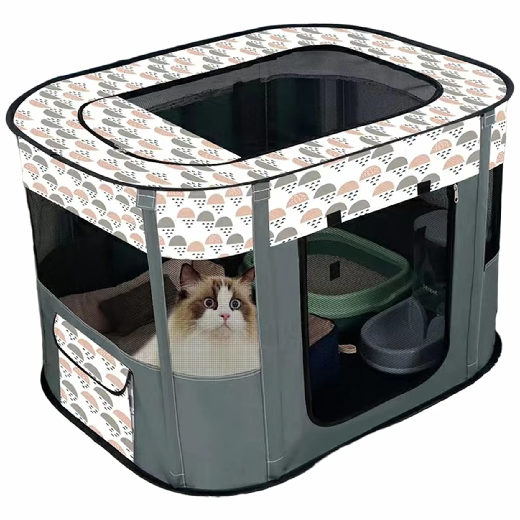 Parc pour Chat Pliable Respirant Tissu Oxford 71x55x45 cm Porte Enroulable Poche Résistant aux Rayures