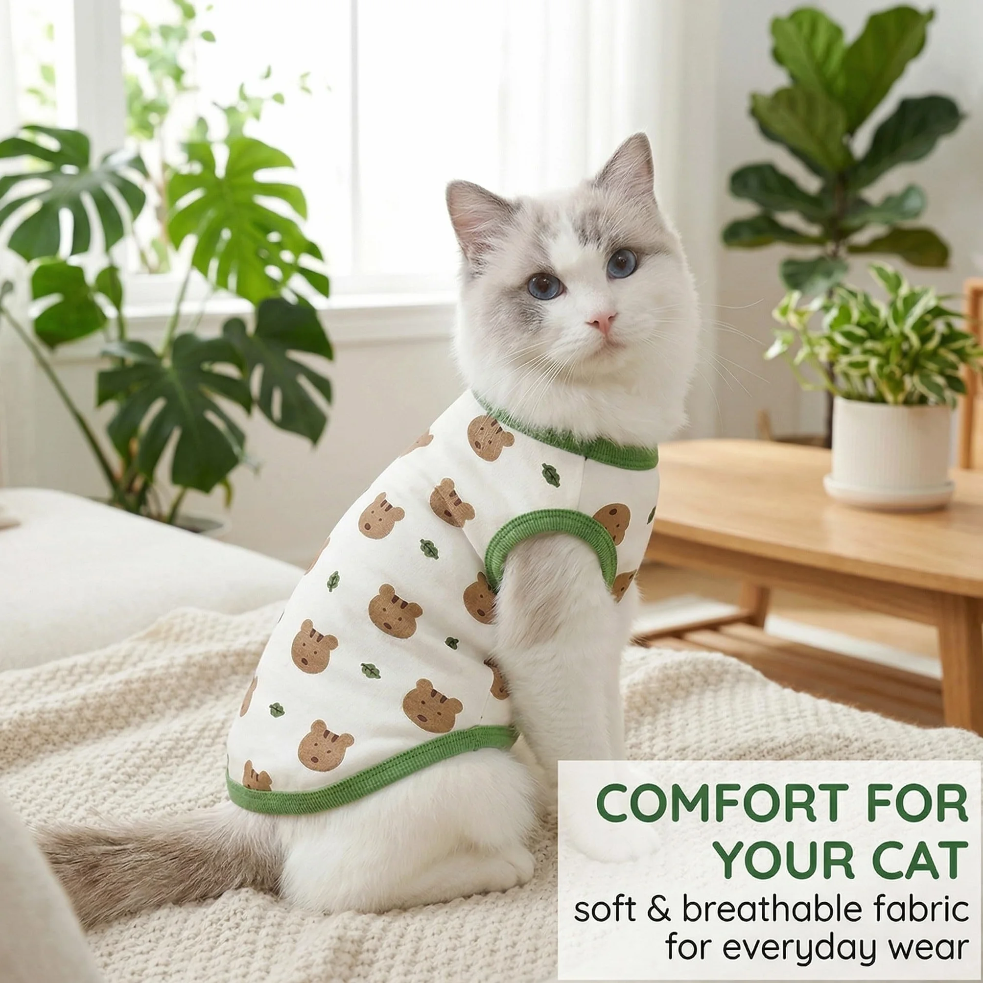 Body pour Chat et Chaton Taille L, Vêtement Doux et Respirant avec Motif Ours et Souris, Vert et Jaune