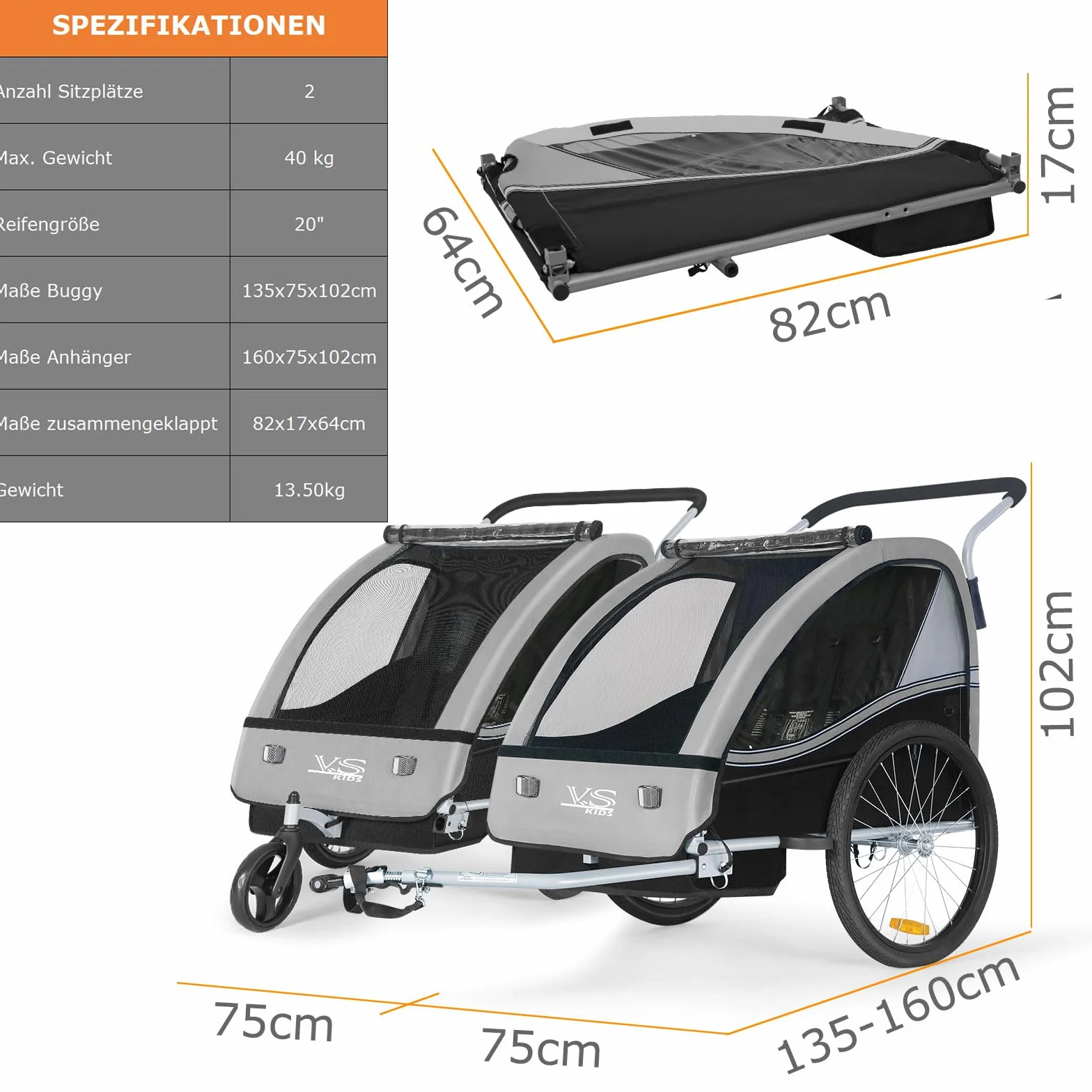 Tiggo Remorque pour Enfants 2 en1 Vélo Poussette Buggy 360° Roue Avant Ceinture Sécurité 5 Points