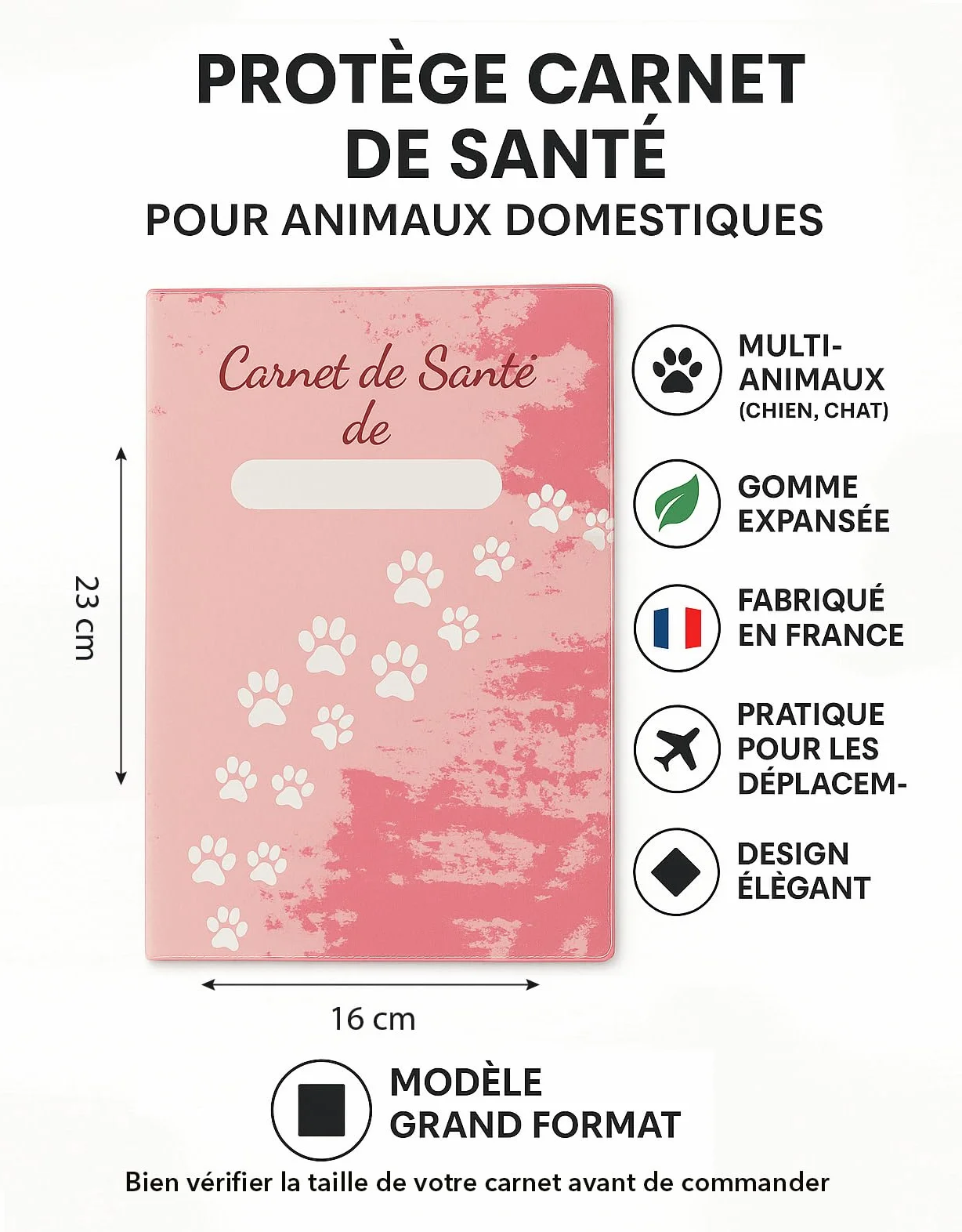 Protège Carnet de Santé pour Chats et Chiens - Gomme Expansée - Fabriqué en France - Modèle Empreinte Rose