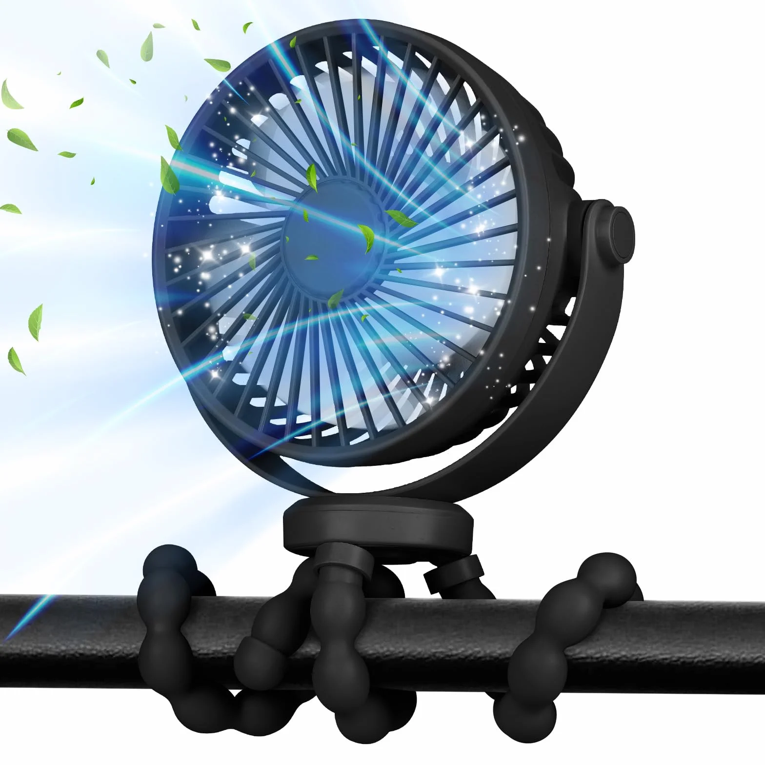 POPERFUN Ventilateur de Poussette 5200mAh 40H, Ventilateur Portable Rotatif 360° 3 Vitesses Rechargeable USB Noir