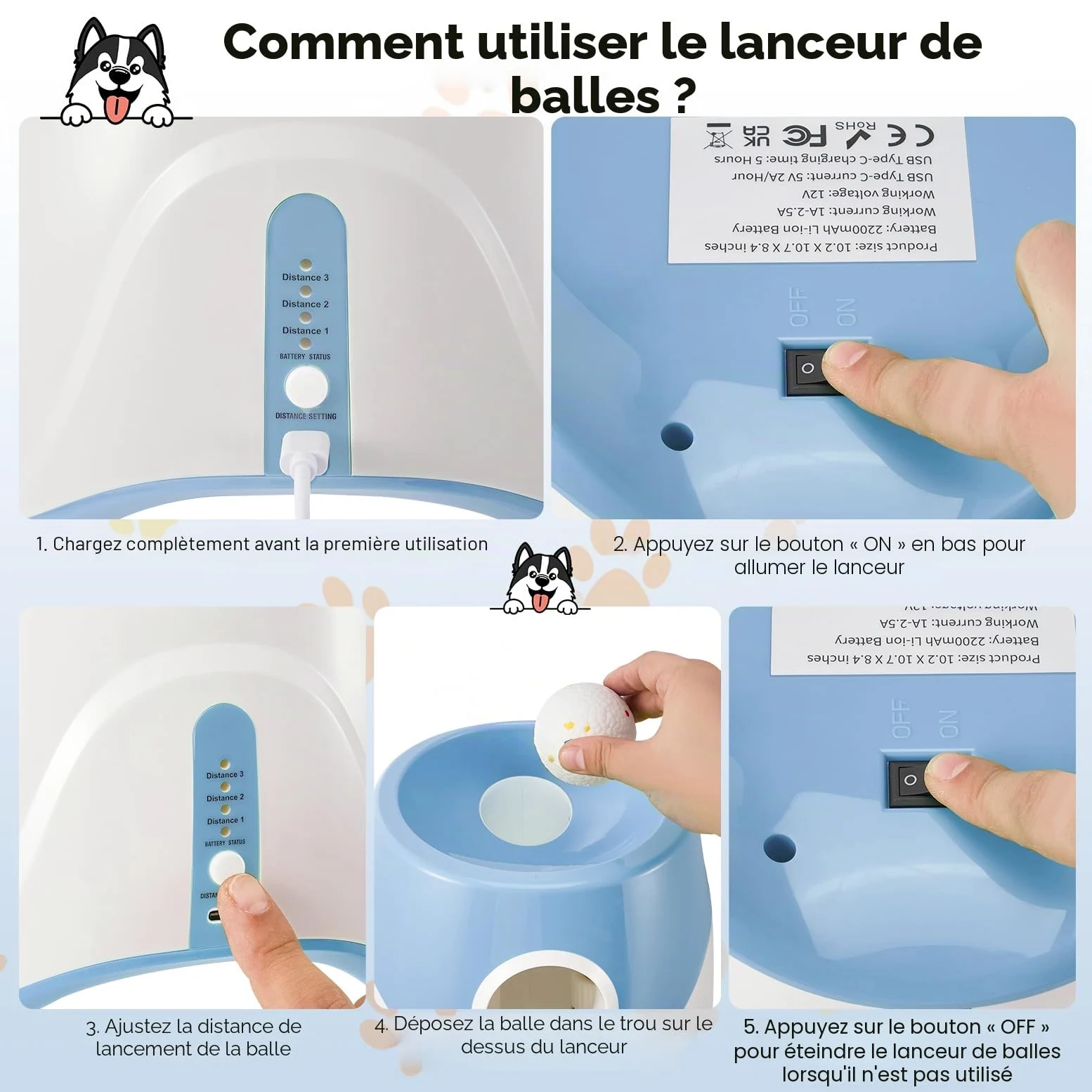 Lanceur De Balle pour Chien,3 Niveaux Distance,avec 6 Balles De Tennis | Rechargeable, Lanceur De Balle Automatique pour Intétieur &Extérieur