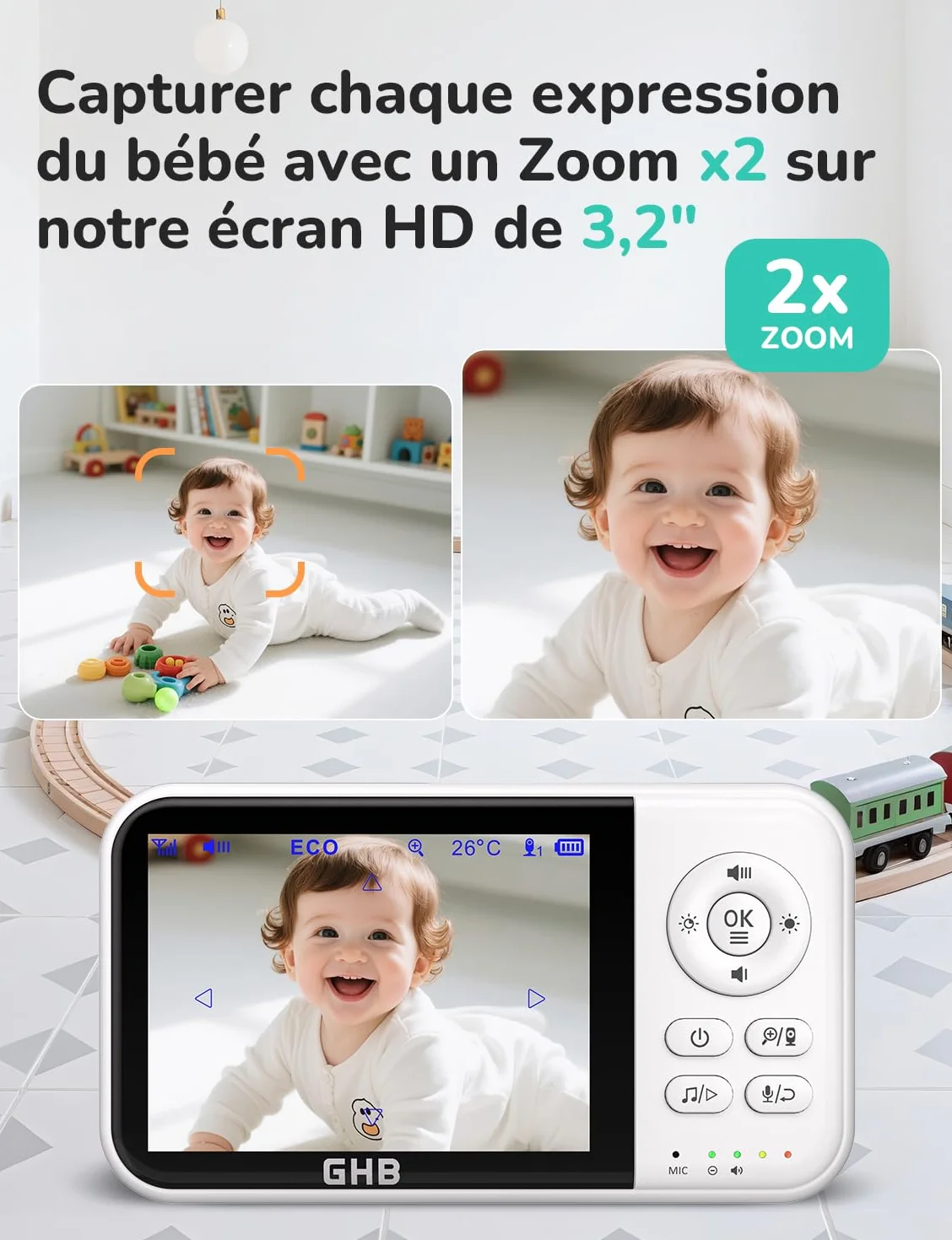 Babyphone Caméra Bébé Surveillance 3,2 pouces LCD 2100mAh Capteur de Température Vision Nocturne 2X Zoom Audio Bidirectionnel