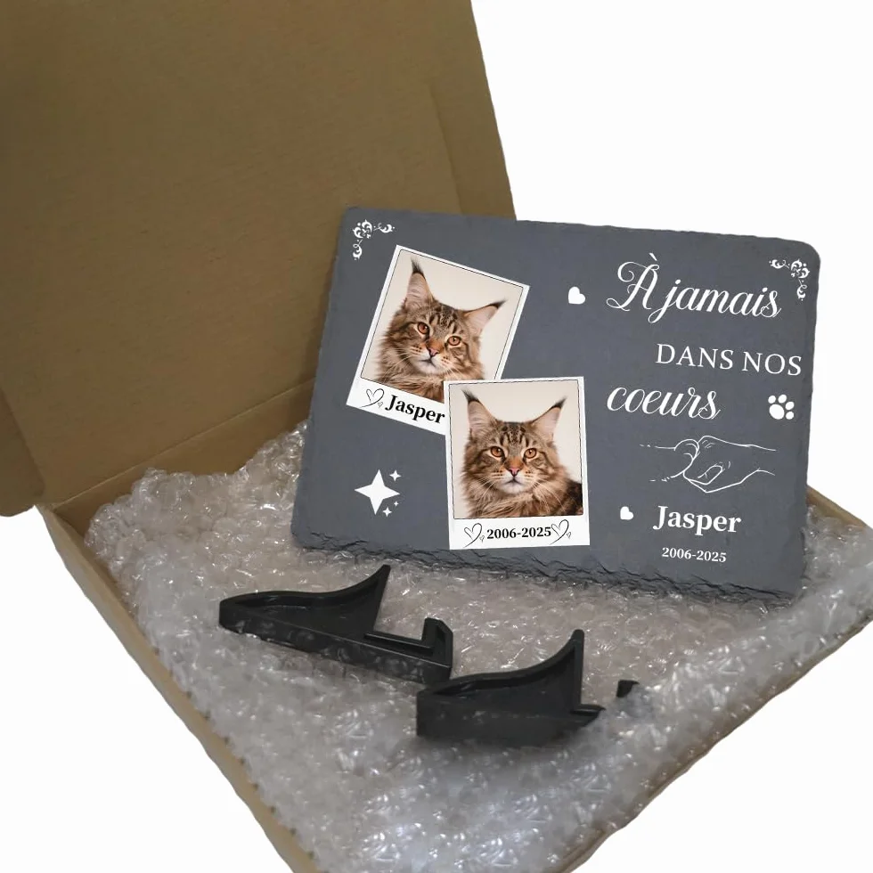 Plaque Commémorative pour Chat Pierre Tombale Personnalisée avec Photo - Cadeau Souvenir Animal Décédé - Style L