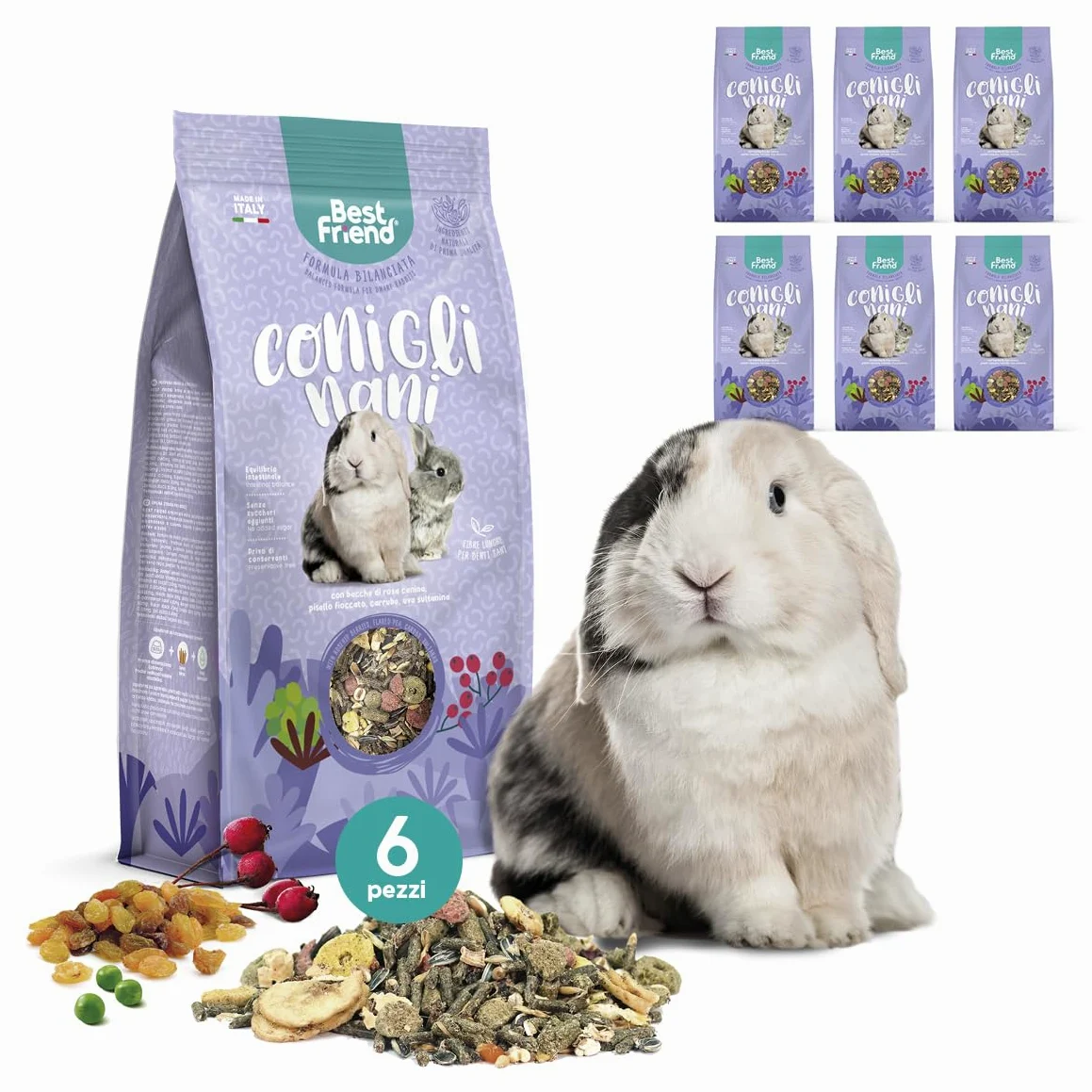 Best Friend Aliment Complet pour Lapins Nains avec Baies de Rose musquée, Pois floqué, caroube, Raisin sultanine. Aliments pour rongeurs avec ingrédients naturels, fabriqués en Italie | Lot de 6