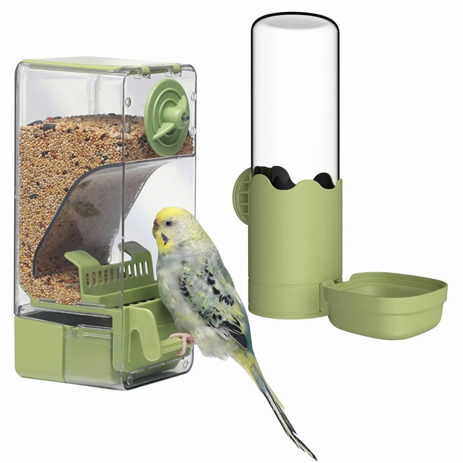 Distributeur d'eau sans désordre pour oiseaux, mangeoire automatique avec perchoir pour graines, perruches, canaris, calopsittes, pinsons, perruches (vert)