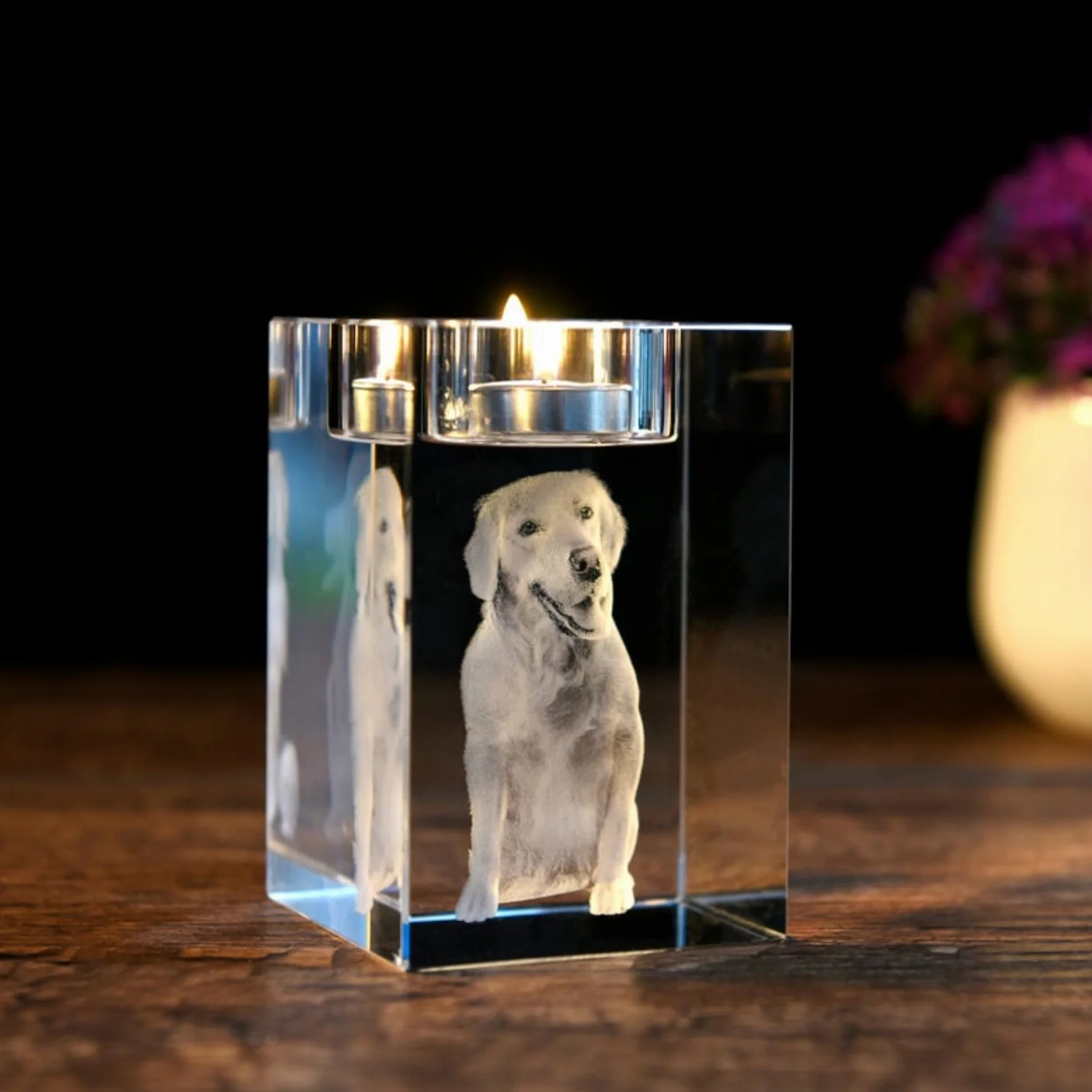 Portrait d'animal domestique 3D personnalisé, photo en cristal gravée, bougeoir commémoratif, cadeau de perte d'animal