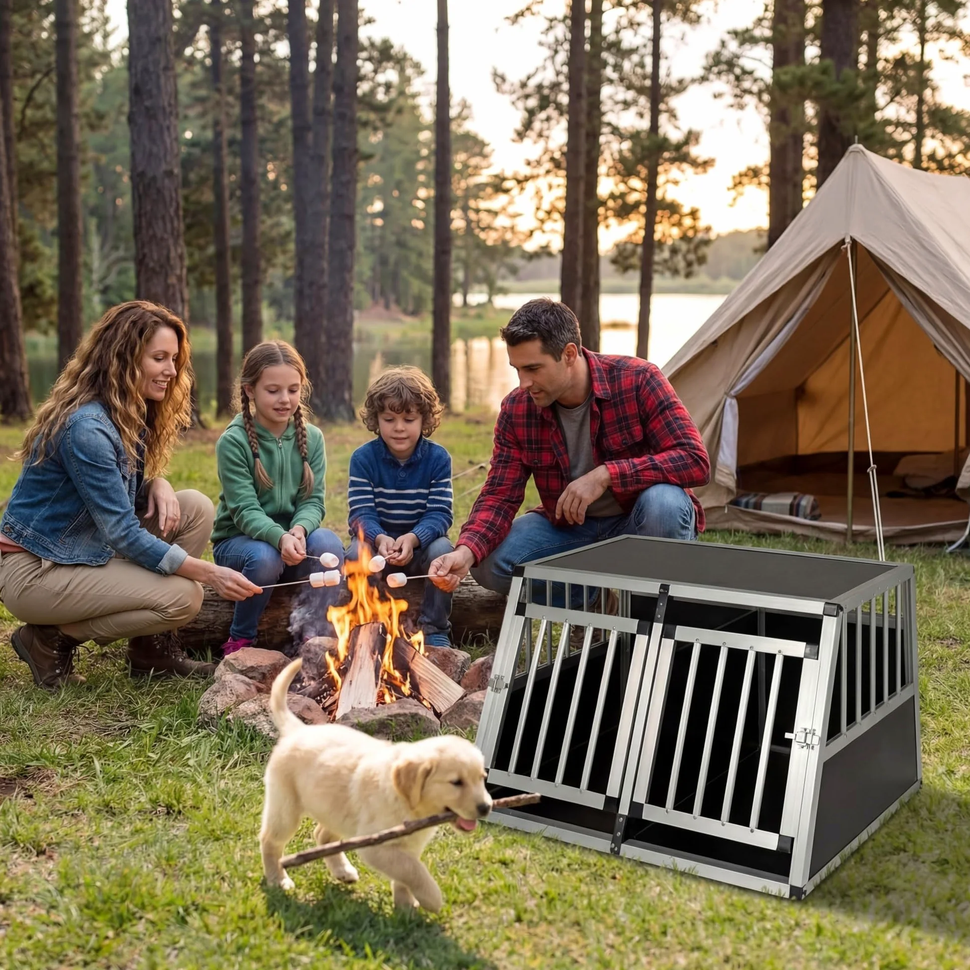 GYMAX Cage pour Chien avec Double Chambre, Séparateur Amovible, Porte Verrouillable, Niche avec Cadre Métallique, Caisse de Transport Voiture Trapézoïdale pour Petits Chiots, 80 x 65 x 48 cm