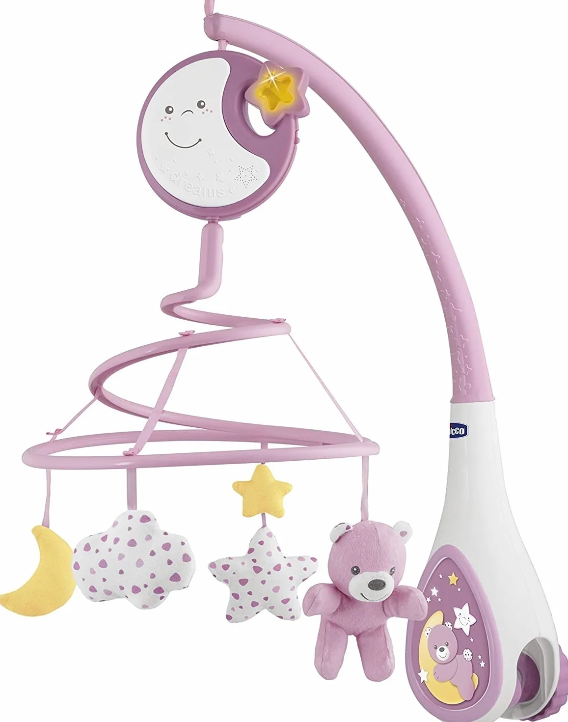 Chicco Mobile Musical First Dreams 3en1 pour Bébé avec mélodies apaisantes et Projection d'arc-en-Ciel, 4 pendentifs Doux