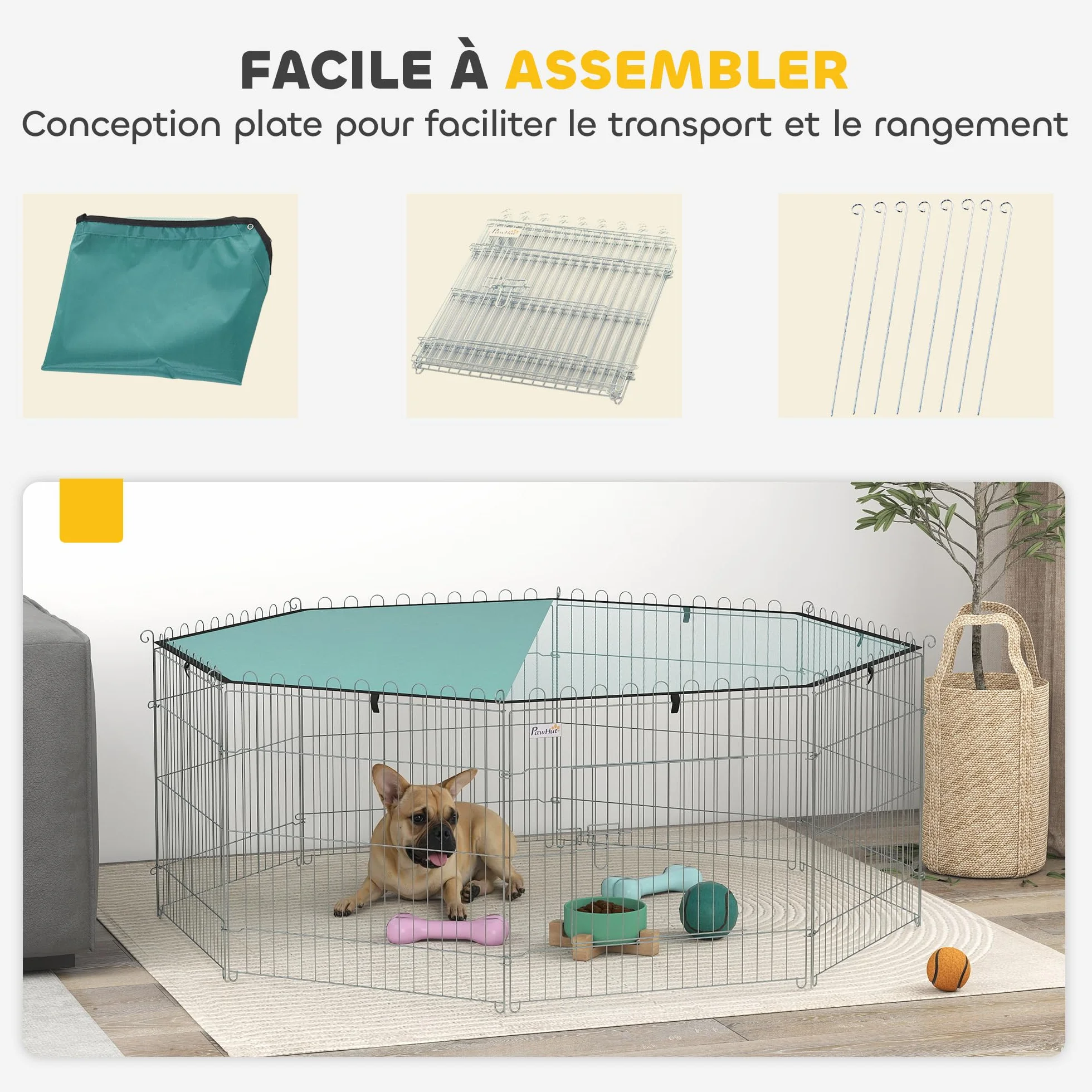 PawHut Parc pour Chien 8 Panneaux avec Toit Pliable Portable 60H cm Clôture pour Chiens Petits Taille Intérieur Extérieur Argent Vert