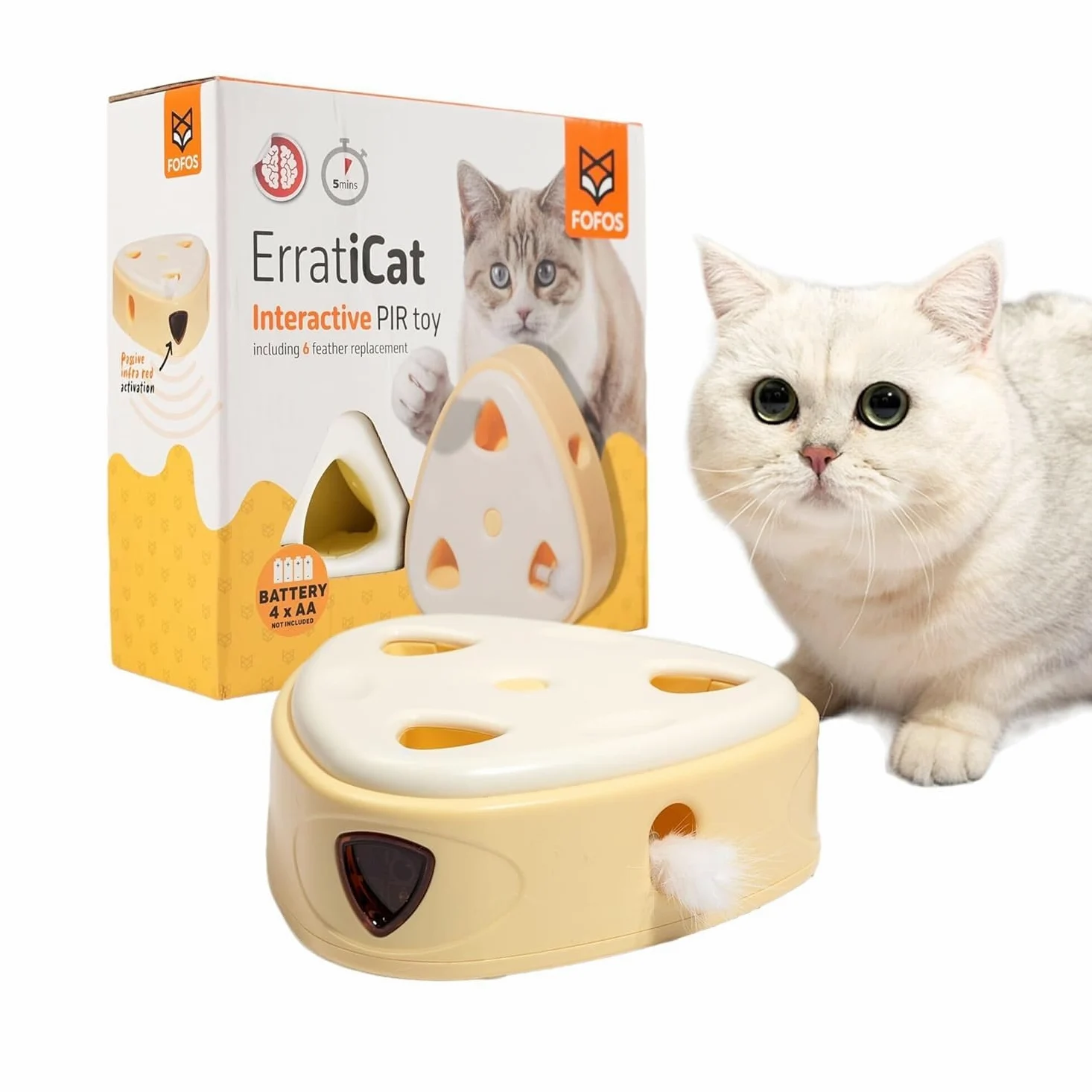 FOFOS Jouet interactif pour chats Boîte à fromage, activé par mouvement, mouvement aléatoire, plumes réelles, fonctionne sur piles, mode veille automatique