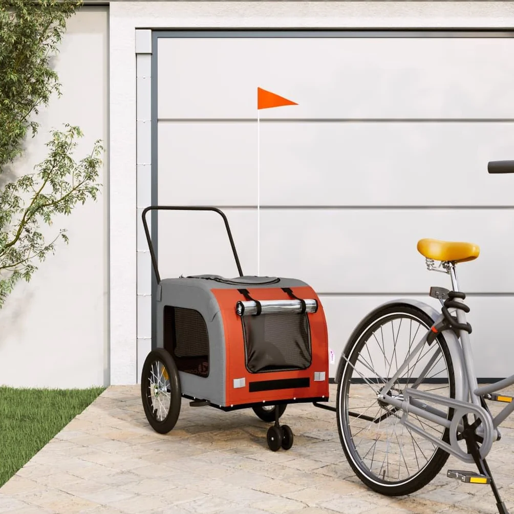 Remorque de Vélo pour Animaux de Compagnie, Chariot pour Chien avec Drapeau, Poussette de Chien, Orange et Gris