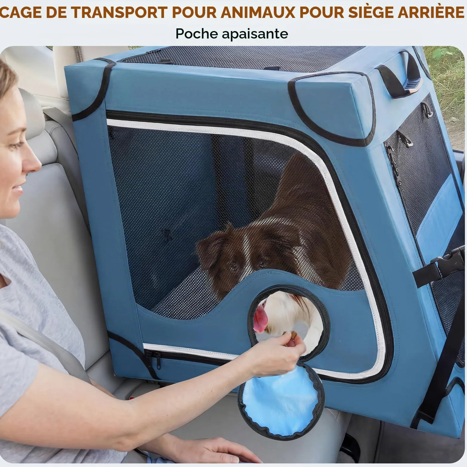 Snagle Paw Cage portable pour chien pour voyage en voiture, cadre en métal, cage de transport pour animal domestique pour siège arrière de voiture sécurisée avec sangle d'appui-tête et ceinture de