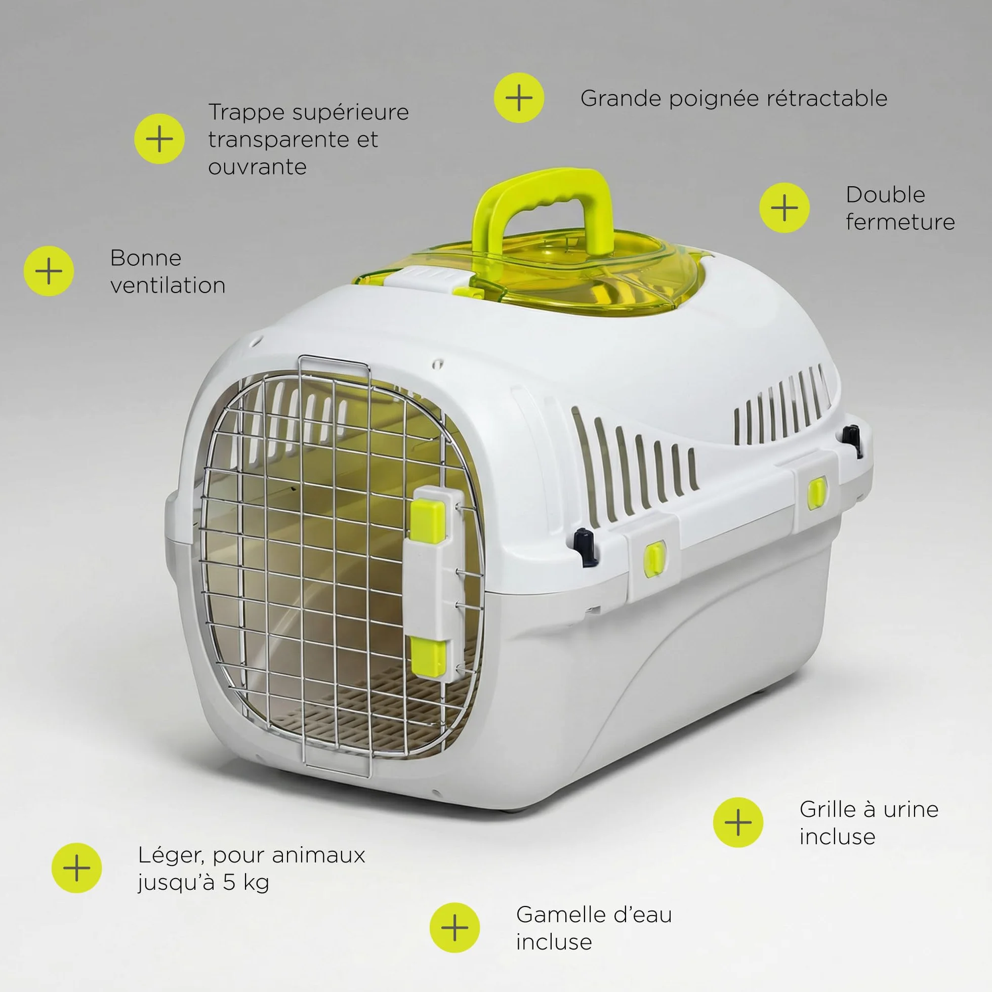 Safy Boîte de Transport Rigide pour Chat avec Porte en Métal, Double Sécurité et Ventilation, Rabat de Visualisation Supérieur, Poignée Escamotable, Grille Amovible