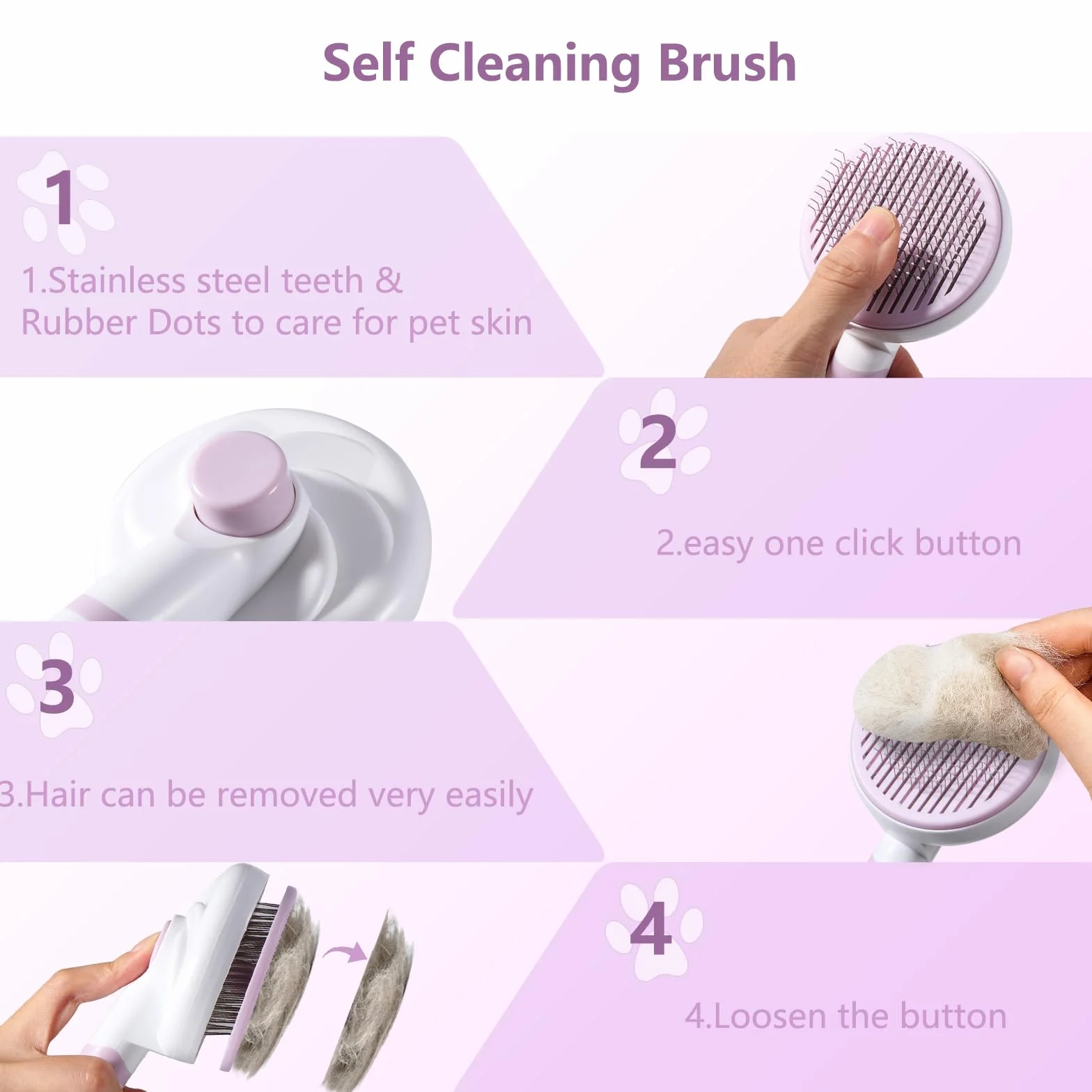 Brosse Chat Anti-Poils Poignée Amovible Toilettage Chats Poils Longs/Courts Violet