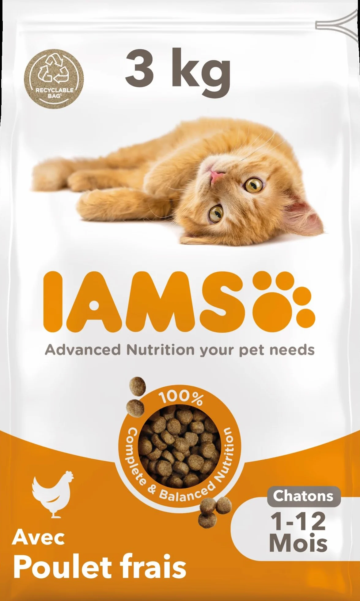 IAMS Advanced Nutrition Croquettes Premium Chatons Au Poulet Frais Sans OGM 3 kg
