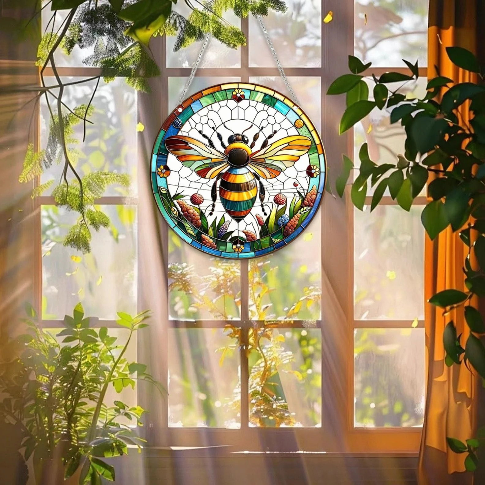 Vitrail Suspendu Abeille Décor Verre 7,87/20 cm pour Maison Jardin