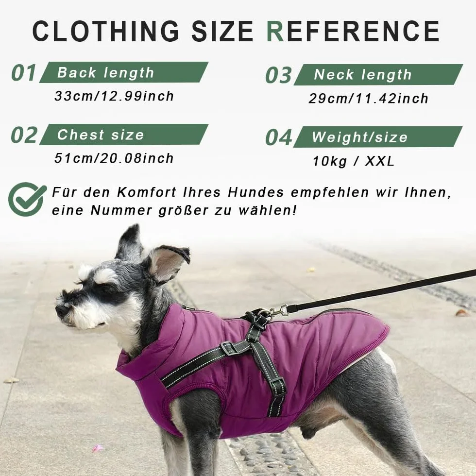 Manteau d'hiver imperméable pour chien avec harnais, bandes réfléchissantes, anneau en D durable, Violet 2XL