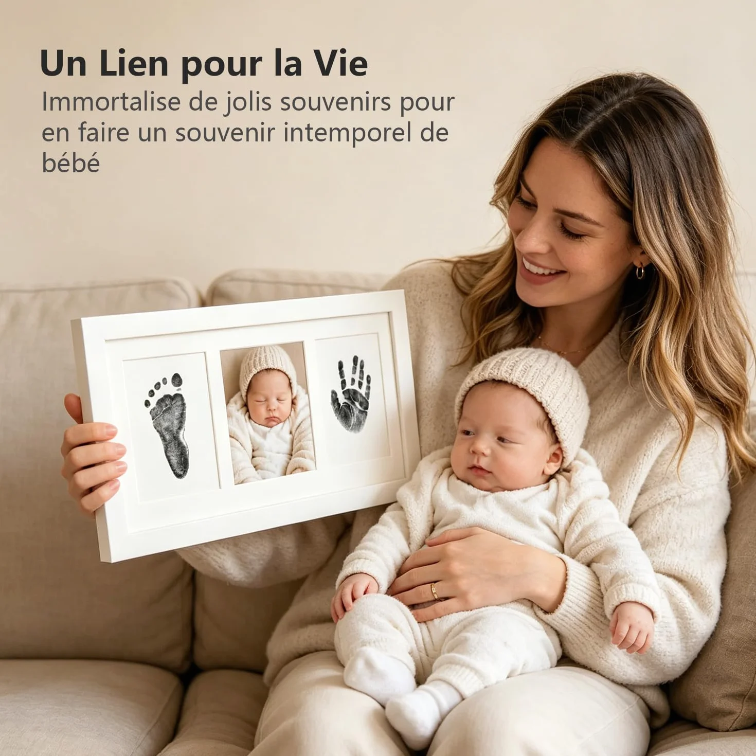 Cadre Empreintes Bébé Encre avec Tampon Encreur Clean Touch Non Toxique Cadeau Bébé Blanc