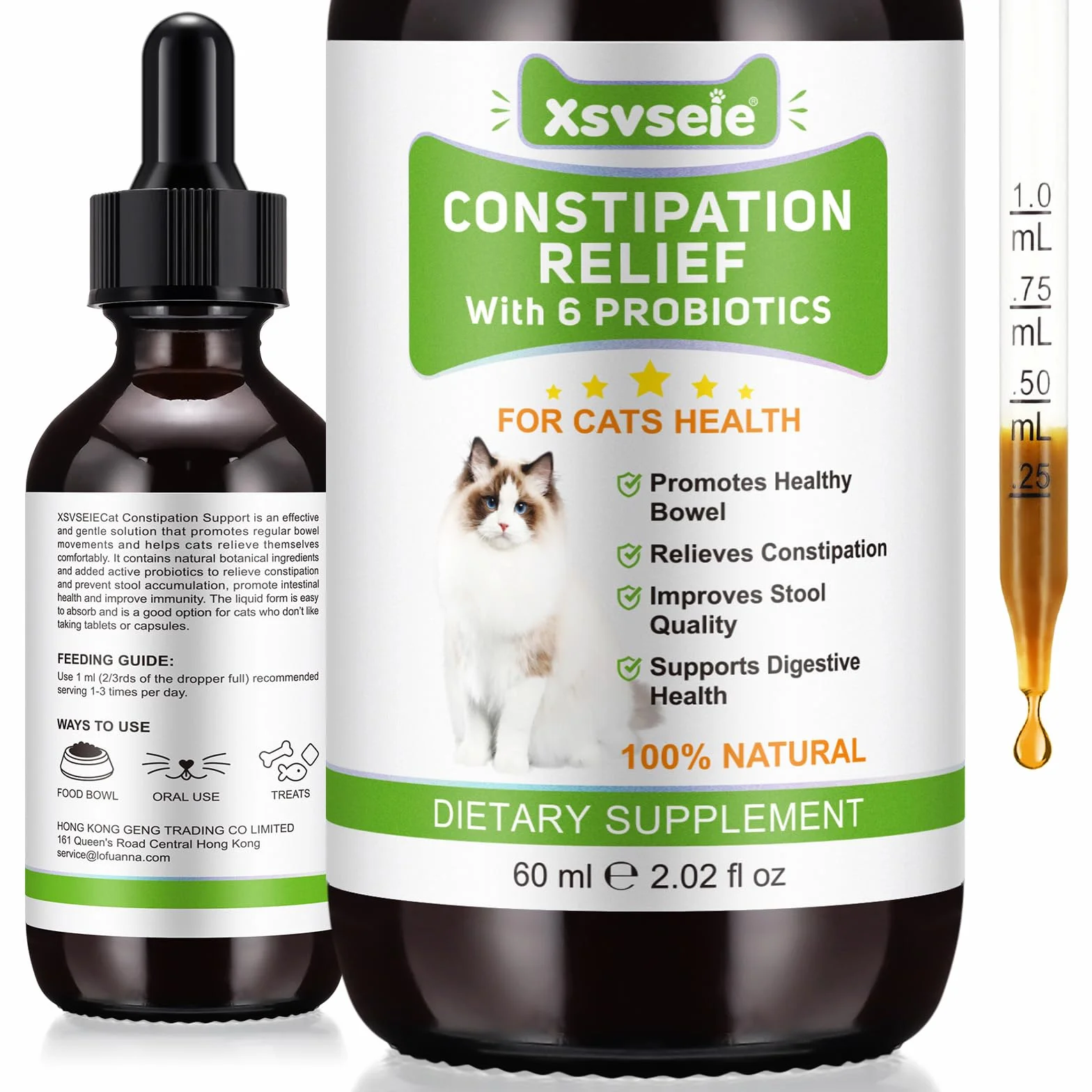 Laxatif Naturel pour Chats Constipation - Transit Intestinal Régulier & Santé Intestinale - 6 Probiotiques Actifs - 60ml
