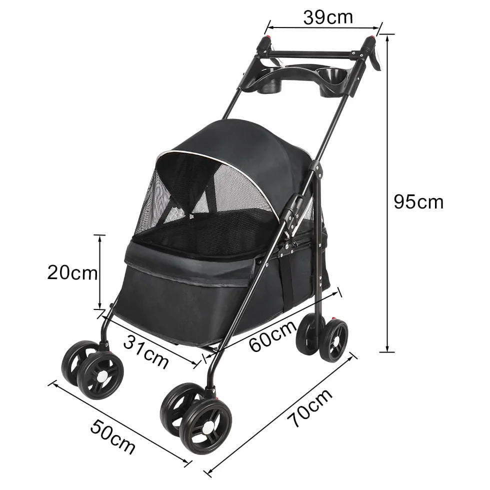 Poussette buggy pliable chien chat panier rangement porte-gobelets tissu 300D Oxford imperméable 4 roues 25 kg
