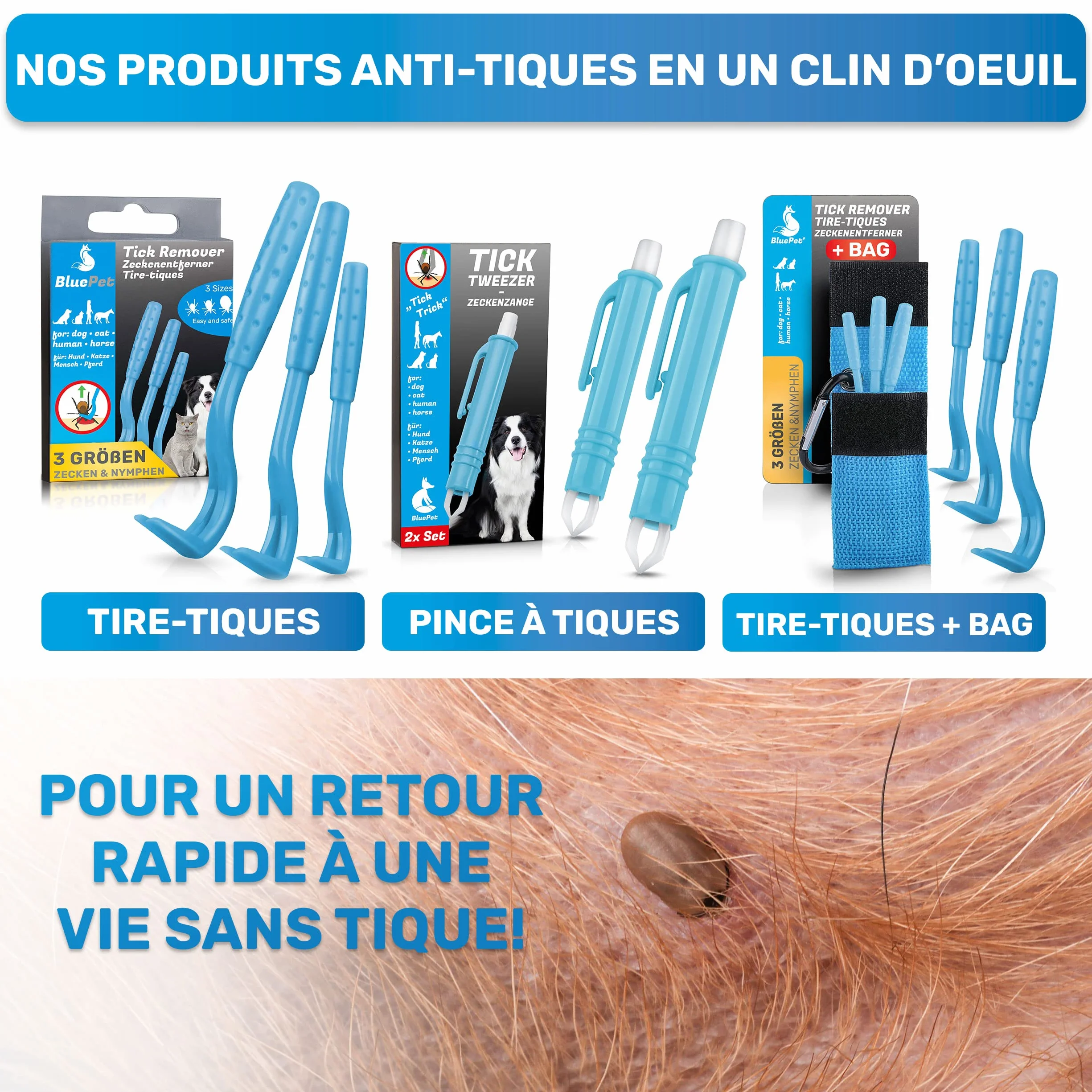 BluePet Tire Tique pour Chiens Chats Humains Crochet à Tiques Retireur Pince