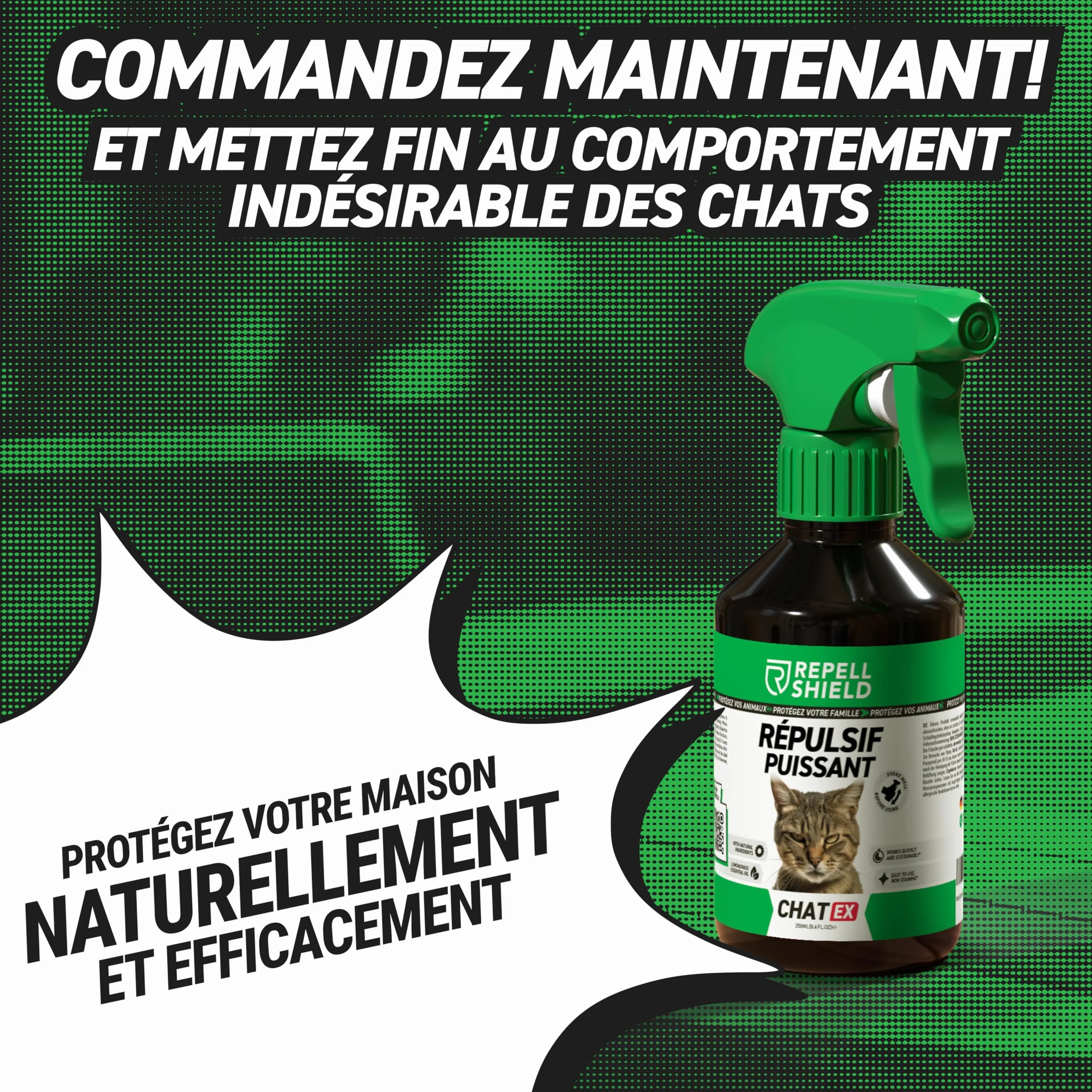 RepellShield® Répulsif Chat Extérieur Intérieur 250ml Non Tachant Naturel Anti Griffe Anti Marquage Urinaire Protection Longue Durée Textile Canapé Jardin