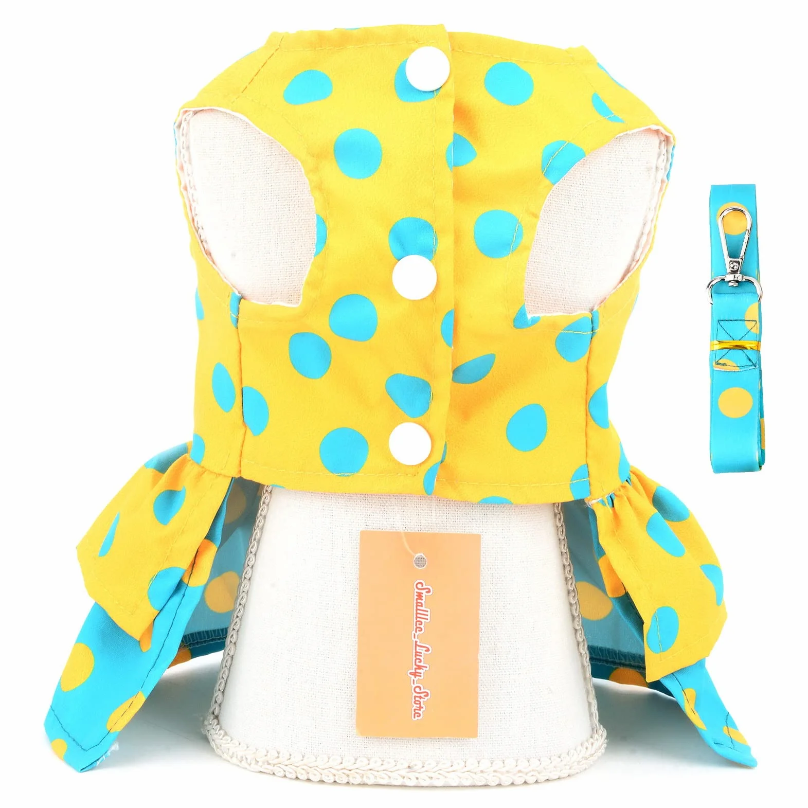 Robe Harnais pour Chien avec Laisse et Nœud - Anneau en D - Vêtements d'été - Pois Jaunes - Taille M