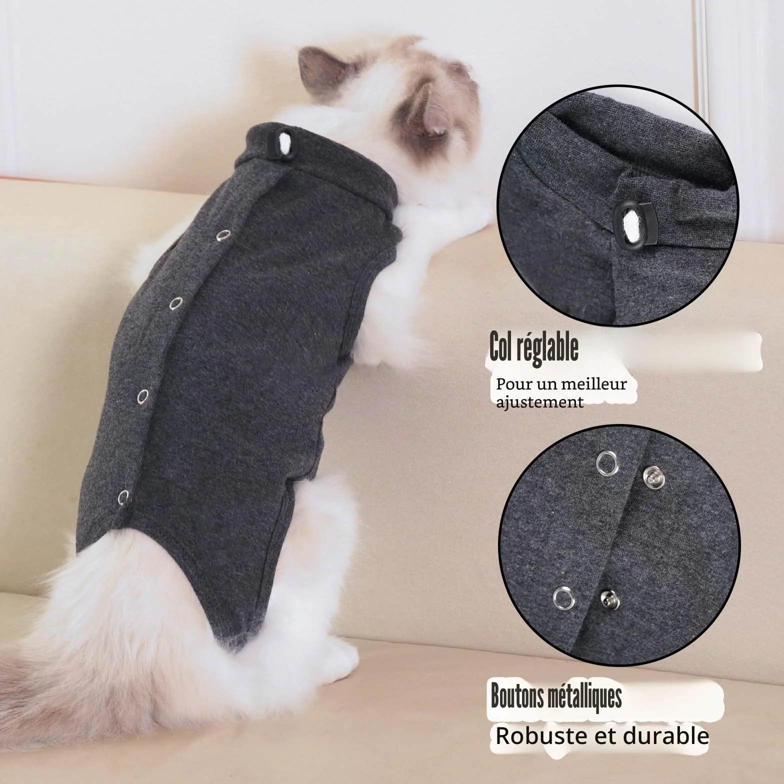 Combinaison de convalescence pour chat en coton gris taille S M L alternative au collier et cône de récupération post-chirurgicale