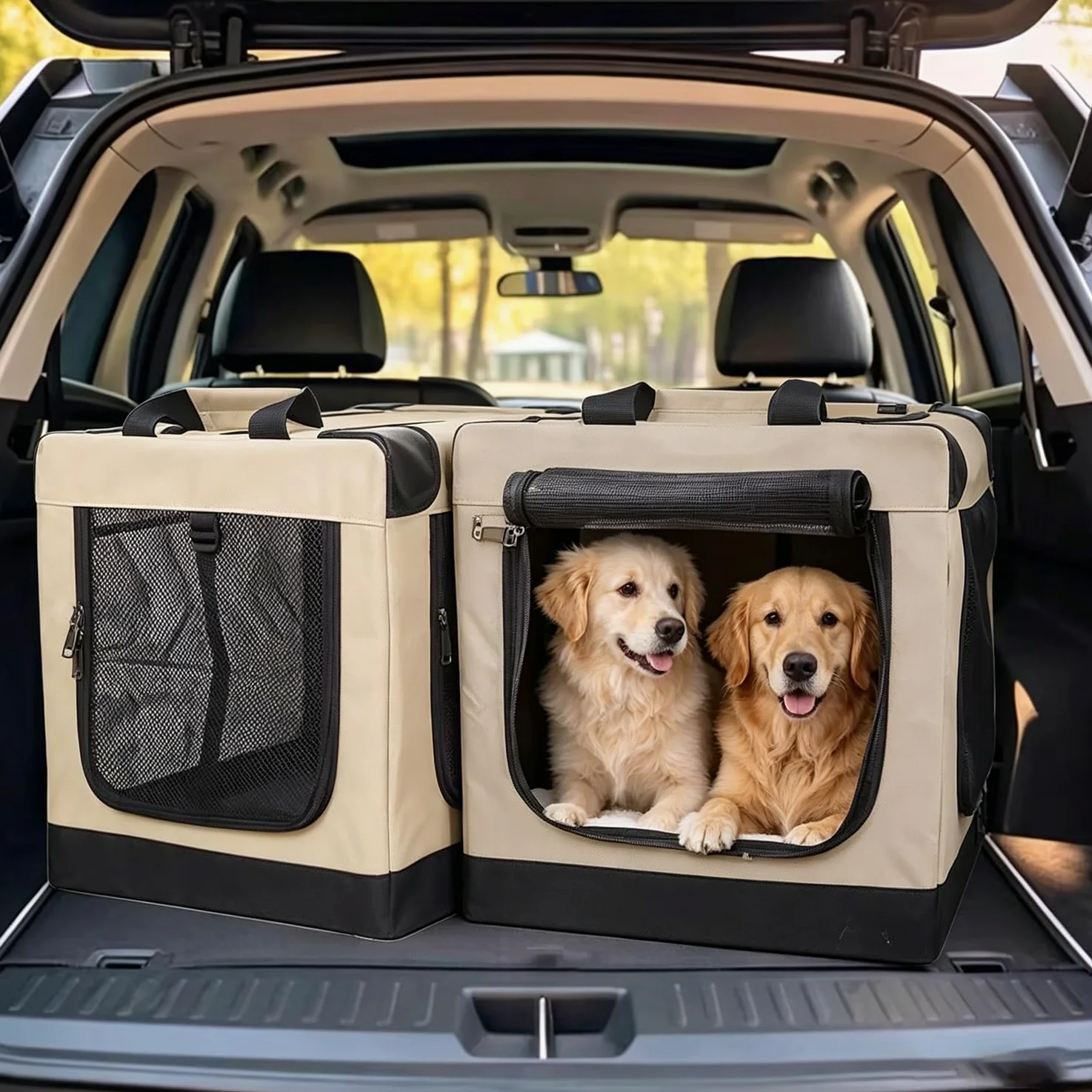 Caisse de Transport pour Chien,Cage Transport Chien,Manchon en Tissu Réglable,Enêtres en Maille Résistante à la Mastication, Utilisation en Intérieur/Extérieur, Pliable (82x59x59 cm)