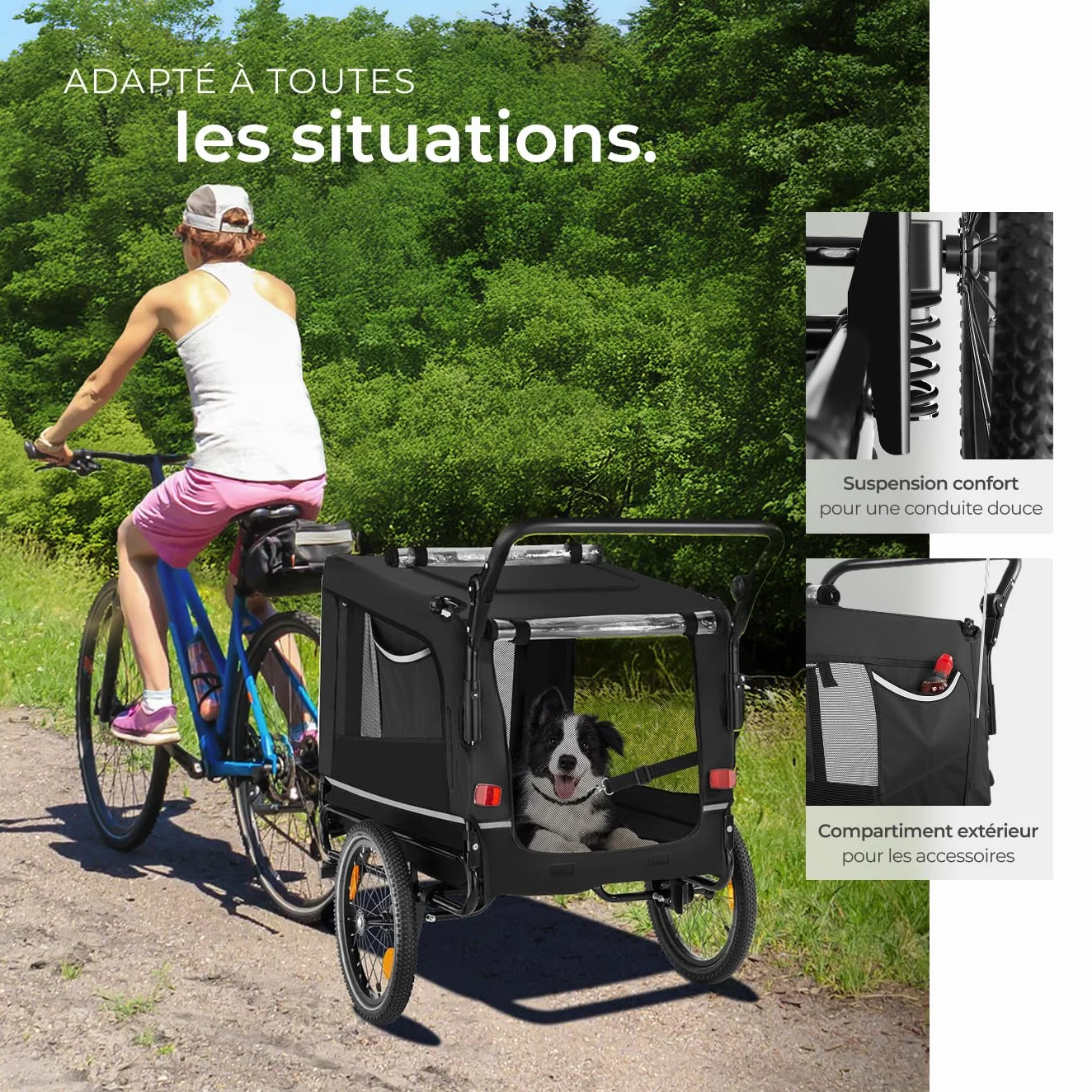 tectake Remorque Velo Chien 3 en 1 Pliable avec Reflecteurs, Drapeau, Charge Maximale 40 kg