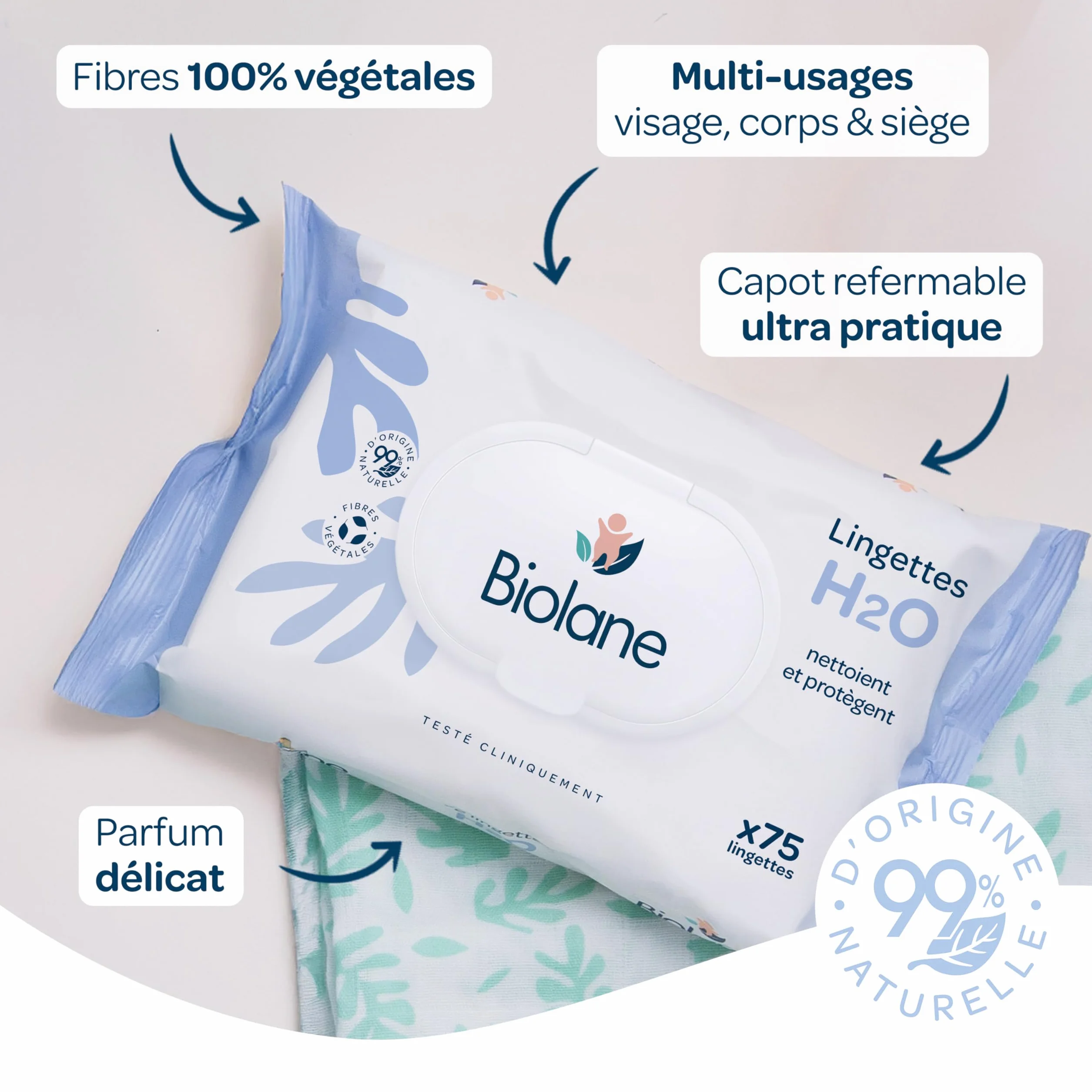 BIOLANE Lingettes bébé à l'eau 225 Lingettes Lot de 3x75 Nettoyage doux sans rinçage dès la naissance