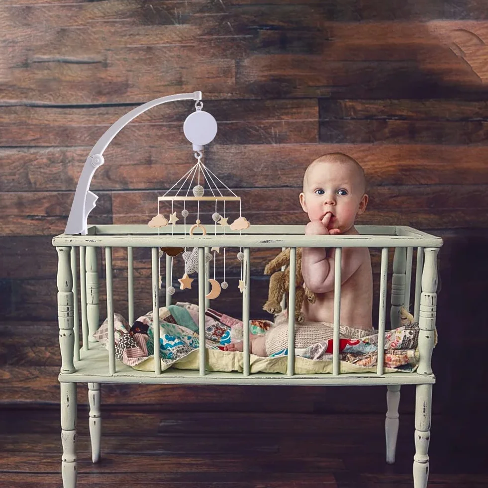 Mobile Musical en Bois avec Support Réglable et Boîte à Musique Décoration de Berceau (Beige)