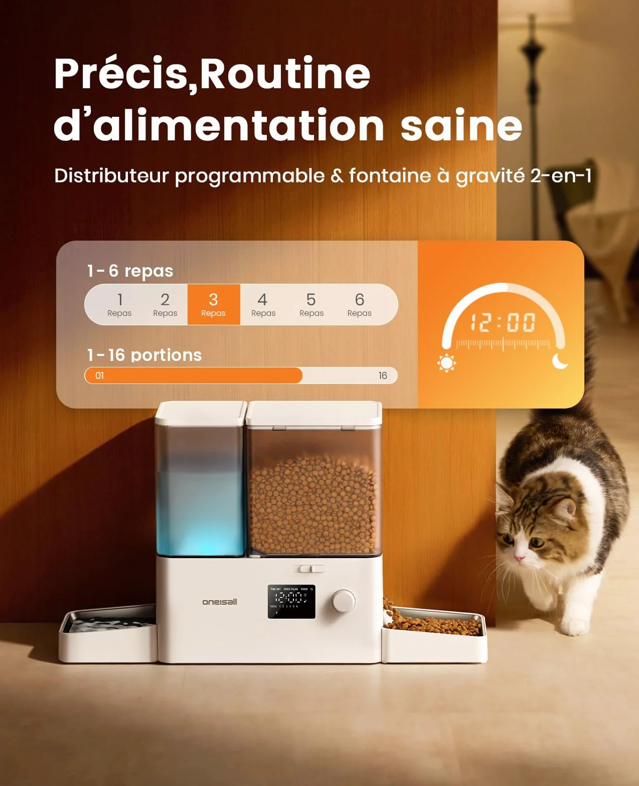 Oneisall Distributeur d'eau et d'alimentation Automatique pour Chat, 36 Tasses/8,5 L, 2 en 1, Grande Capacité