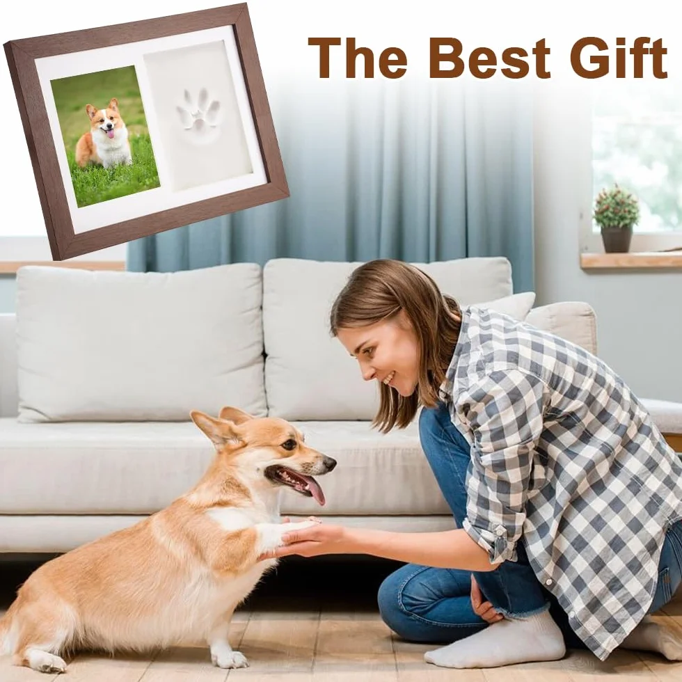 Kit Empreinte Chat et Chien avec Photo 14 x 10 cm, Argile et Bâton en Bois, Cadeau Souvenir pour Propriétaire de Chien