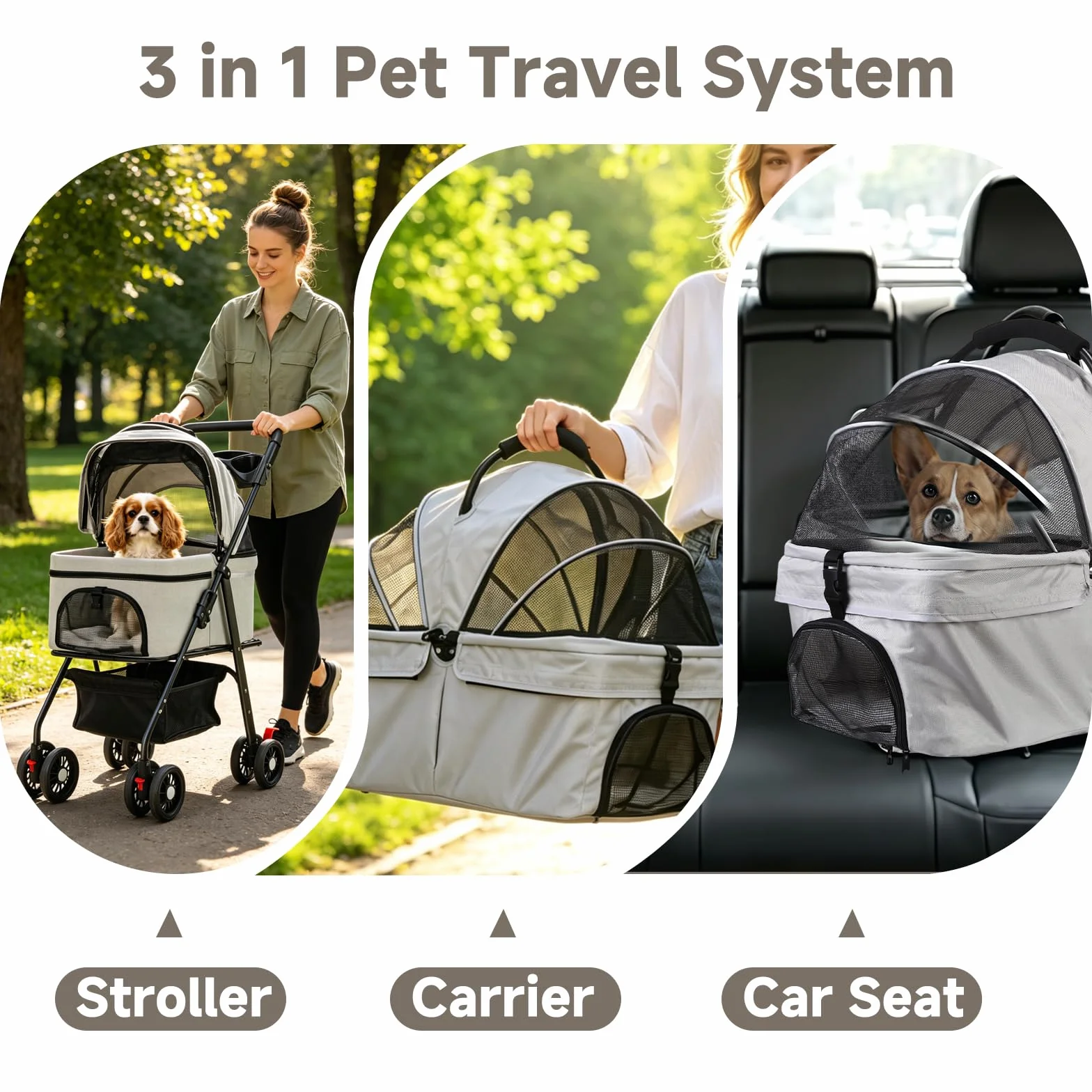 Poussette Pour Chiens et Chats De Petite Taille avec 4 Roues, Poussette 3 En 1 Pliable avec Nacelle Amovible, Mesh Respirant, Panier De Rangement et Porte-Gobelet, Jusqu'à 15 kg