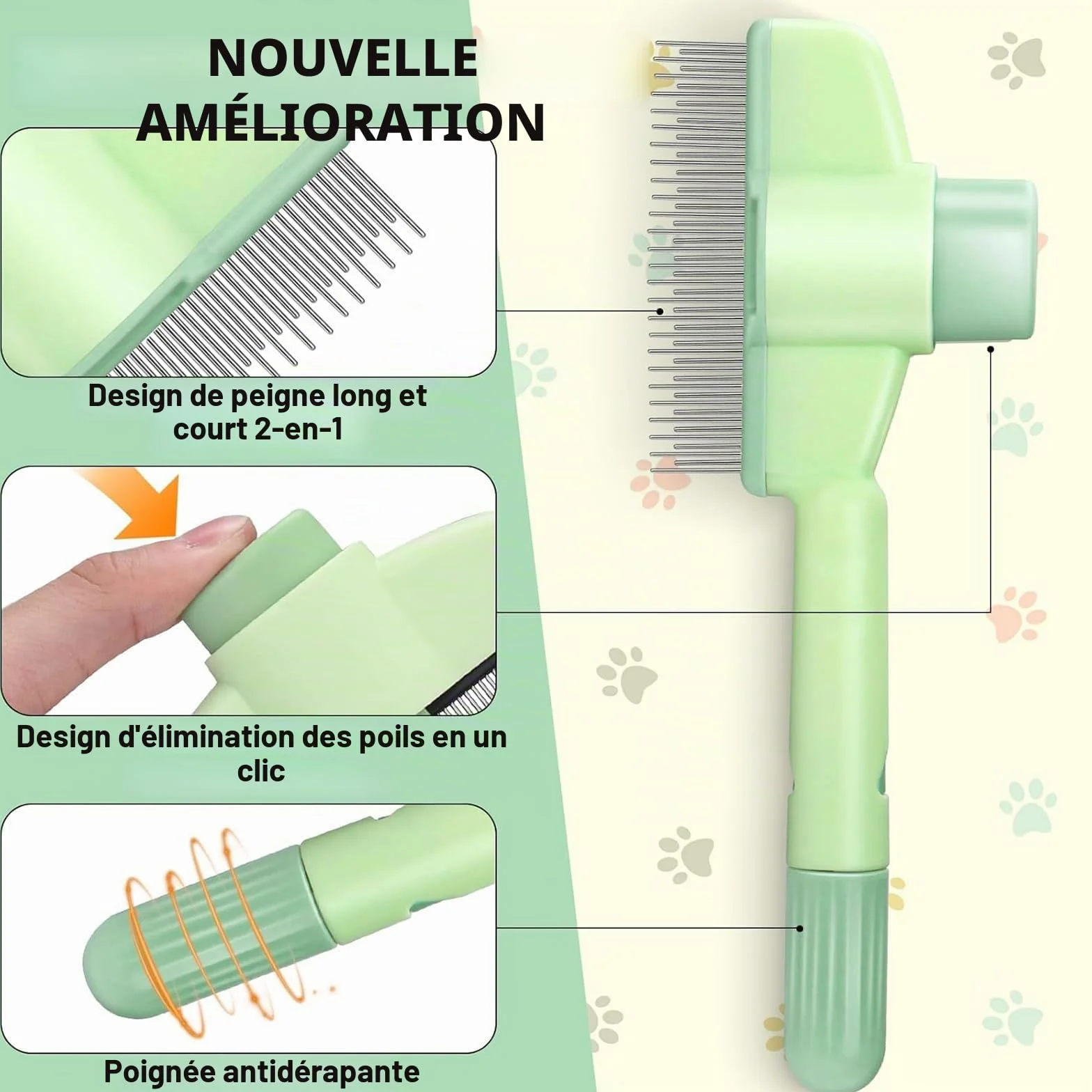 Brosse autonettoyante pour animaux de compagnie - Peigne à puces pour chat et poils longs/courts - Vert