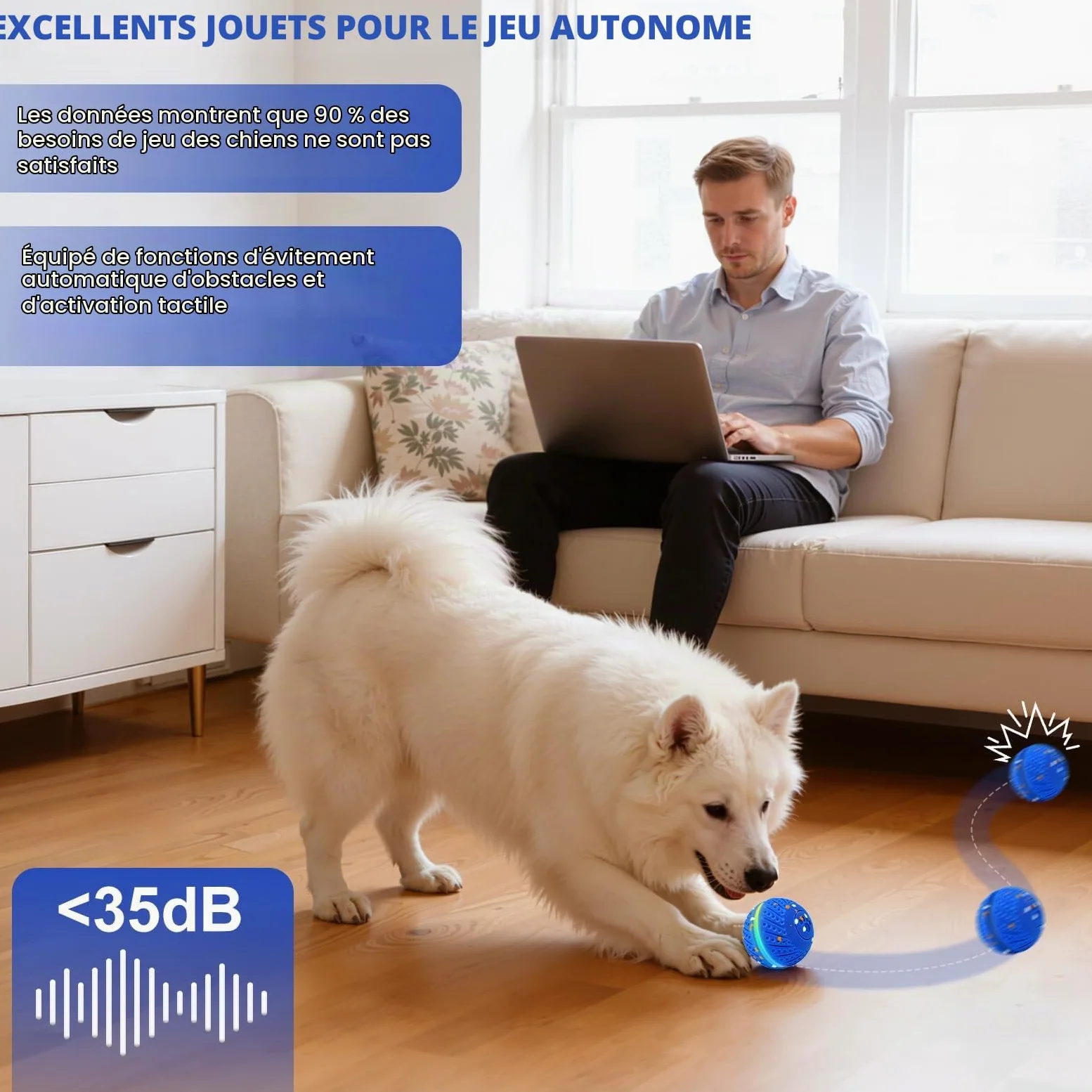 Jouet intelligent pour chien - Balle pour chien - Jouet interactif intelligent avec lumière et 3 modes de jeu - Étanche - Rechargeable - Pour chiens de taille moyenne et grande