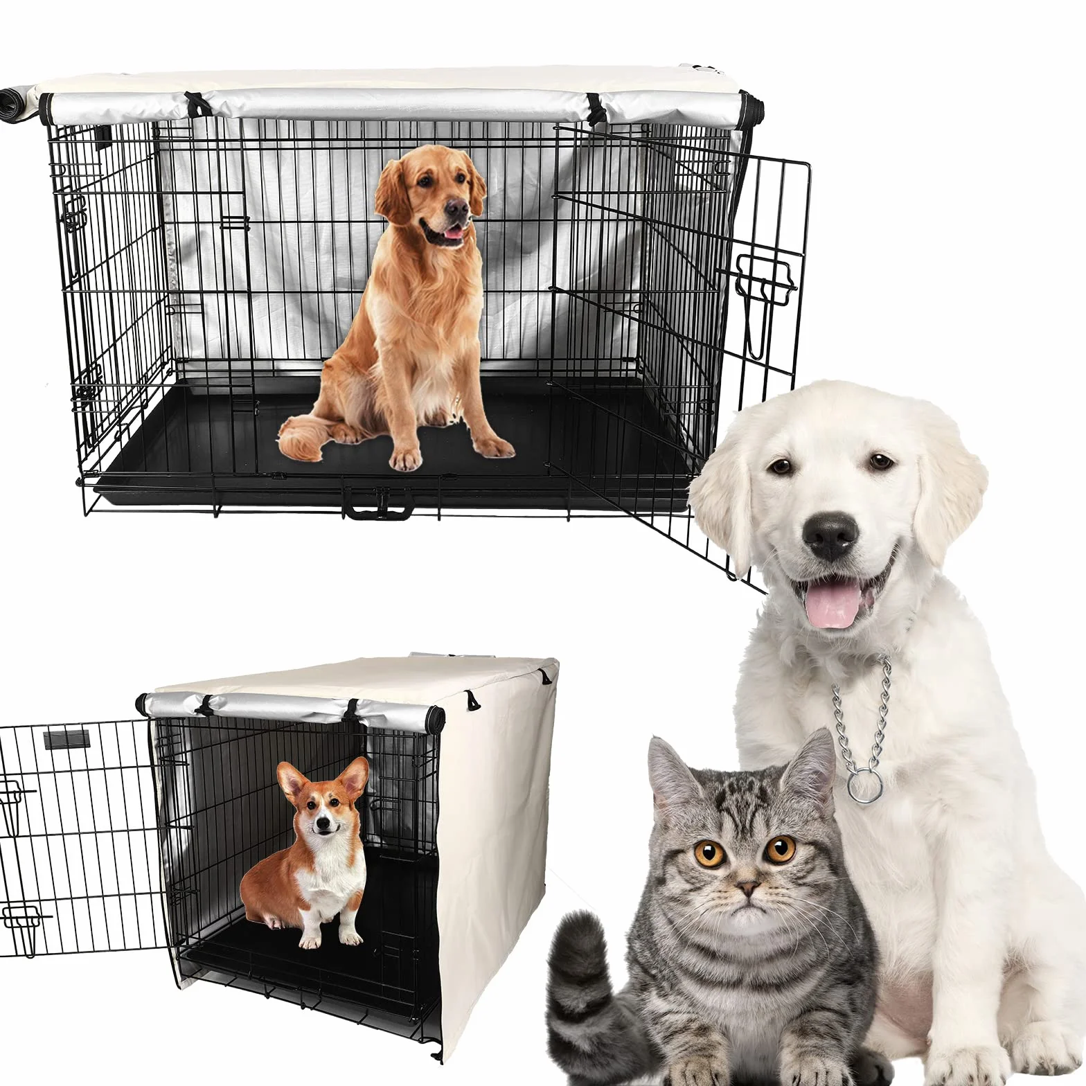 Housse de Cage pour Chien Imperméable 420D Polyester Double Door Crate Cover Beige 36 Pouces