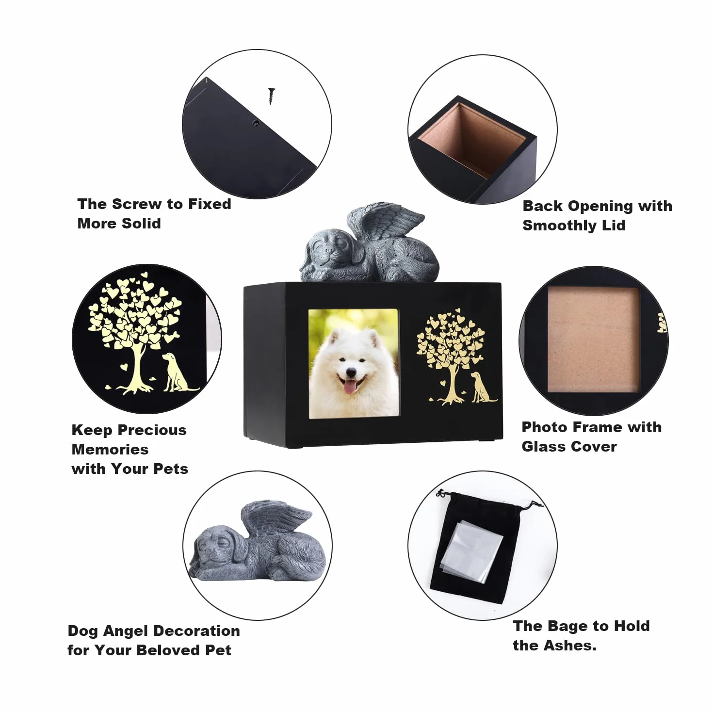 Urne funéraire en bois XLarge pour chien avec cadre photo et doublure flanelle noire