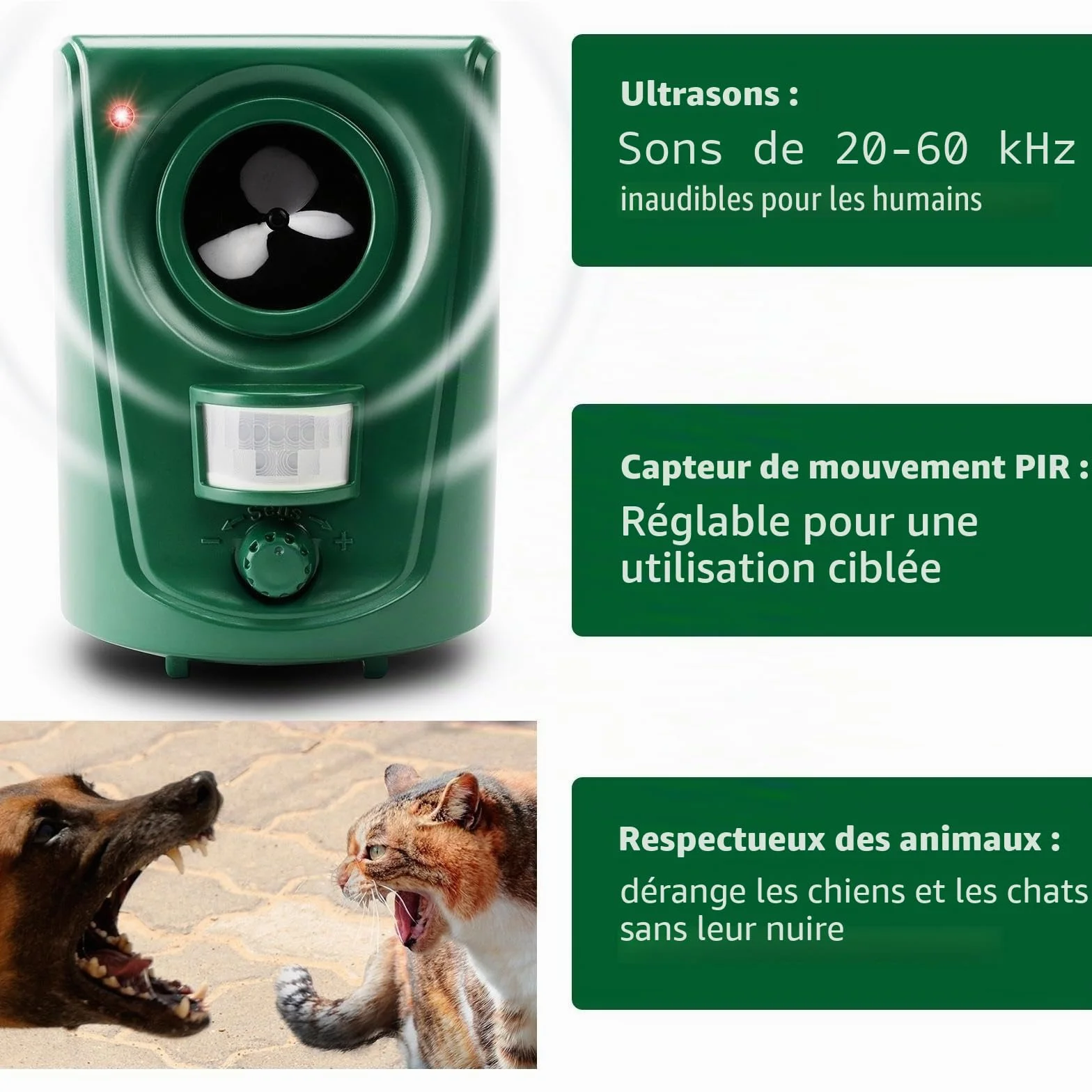 GARDIGO® Répulsif Ultrasonique pour Chiens et Chats 20–60 kHz Détecteur de Mouvement 120° 12 m Protection Jardin Garage