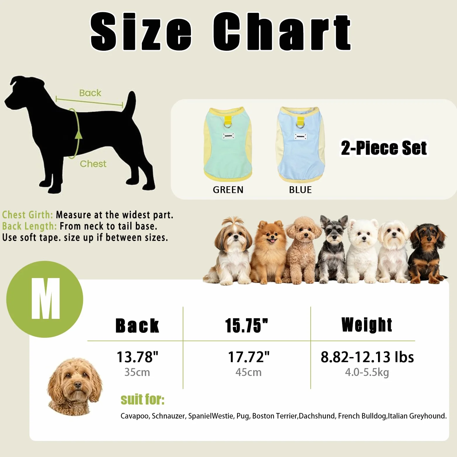 Lot de 2 gilets rafraîchissants pour chien en soie glacée respirante avec anneau en D, manteaux d'été frais pour chiens petite à moyenne taille (vert/bleu) (M)