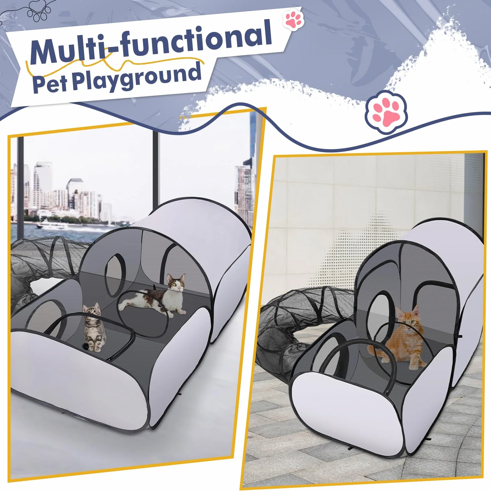 Parc pliable pour chat avec tunnel, tente portable pour animaux de compagnie, intérieur extérieur