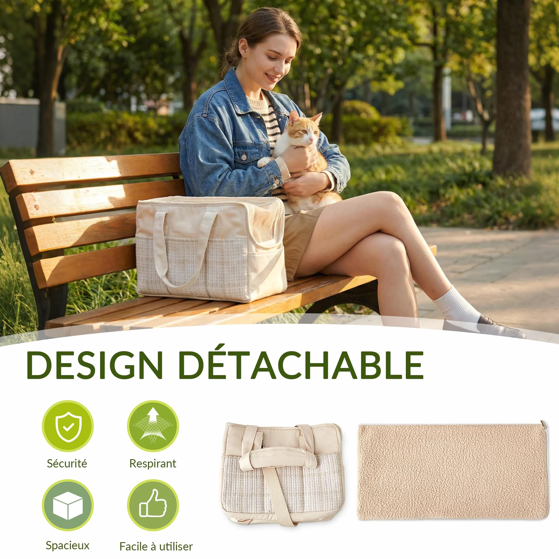 ALLSOPETS Sac de Transport pour Petit Chien et Chat, Sac Bandoulière Pliable avec Poches, Laisse de Sécurité et Coussin Amovible (Beige)