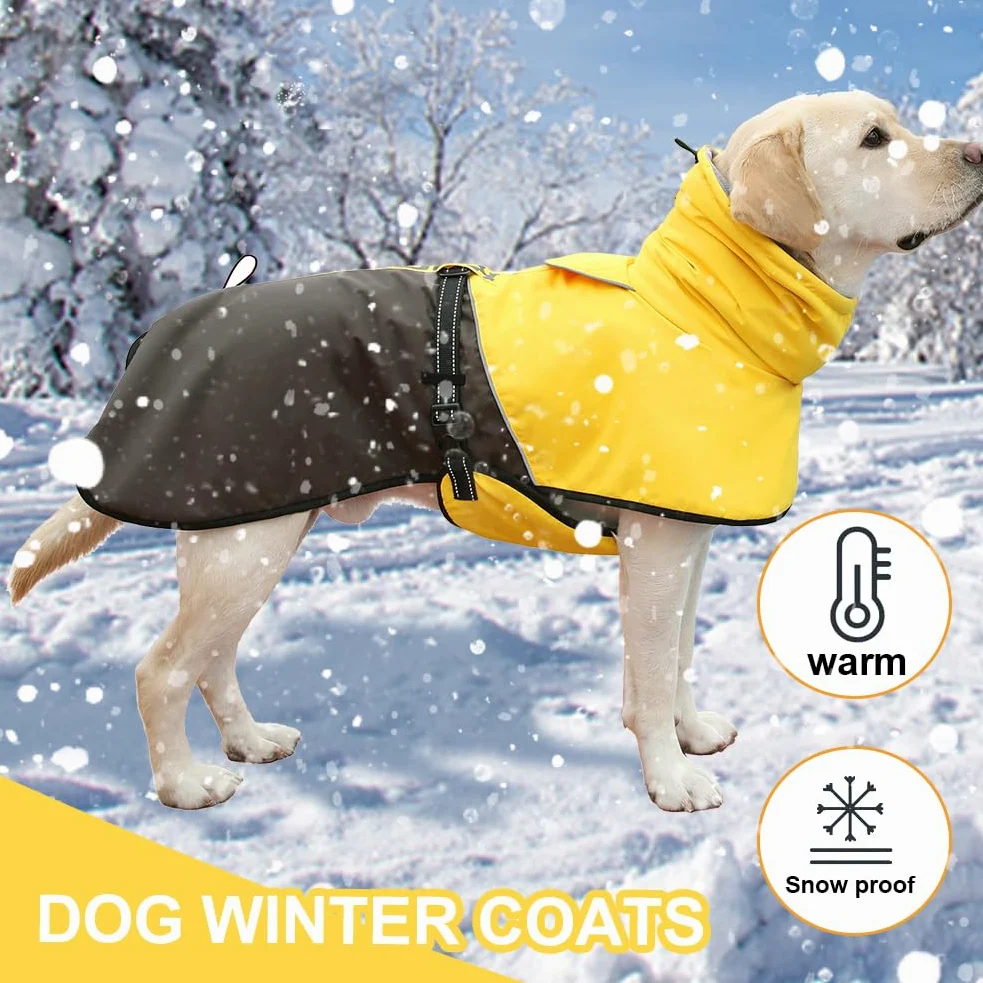 Manteau jaune pour chien, veste d'hiver imperméable, veste de neige chaude et coupe-vent, col roulé réfléchissant, réglable, pour chiens de petite à 4XL
