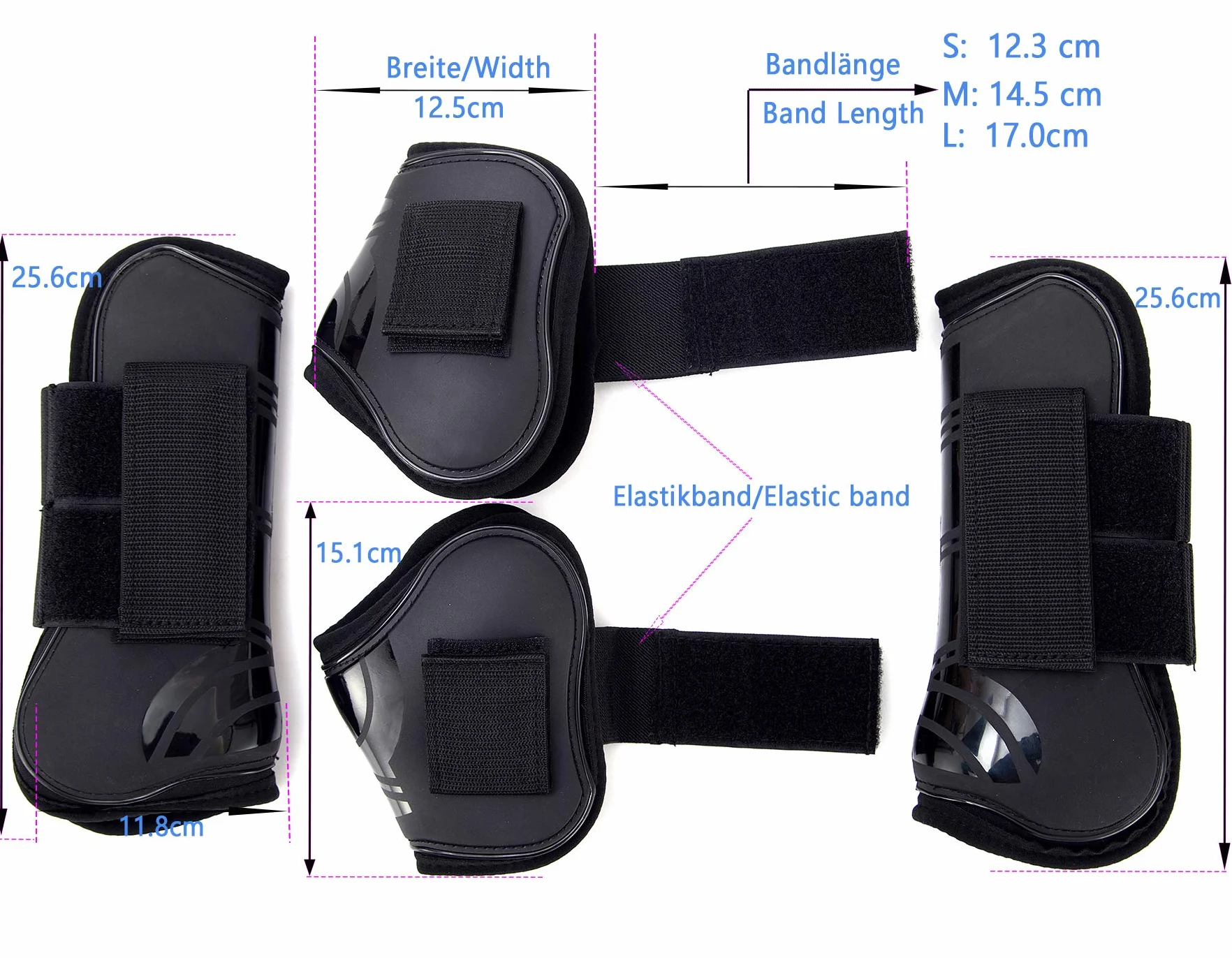 Guêtres pour chevaux Lot de 4 avec coque rigide et fermeture velcro PU robuste Tendon Boots Classic Noir