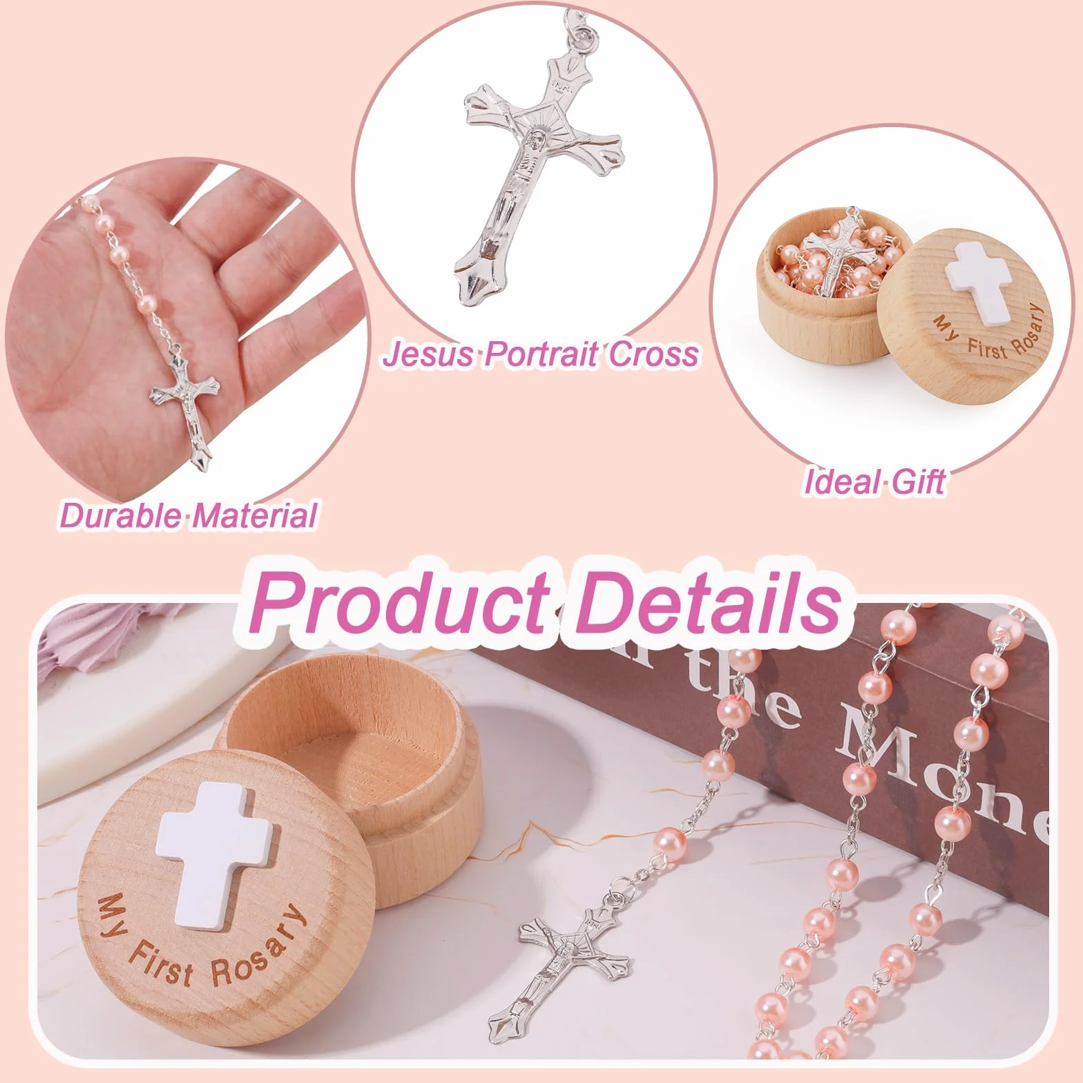 Cadeaux de Baptême My First Rosary Boîte à Souvenirs Collier Chapelet Rose Première Communion Catholique Baby Shower