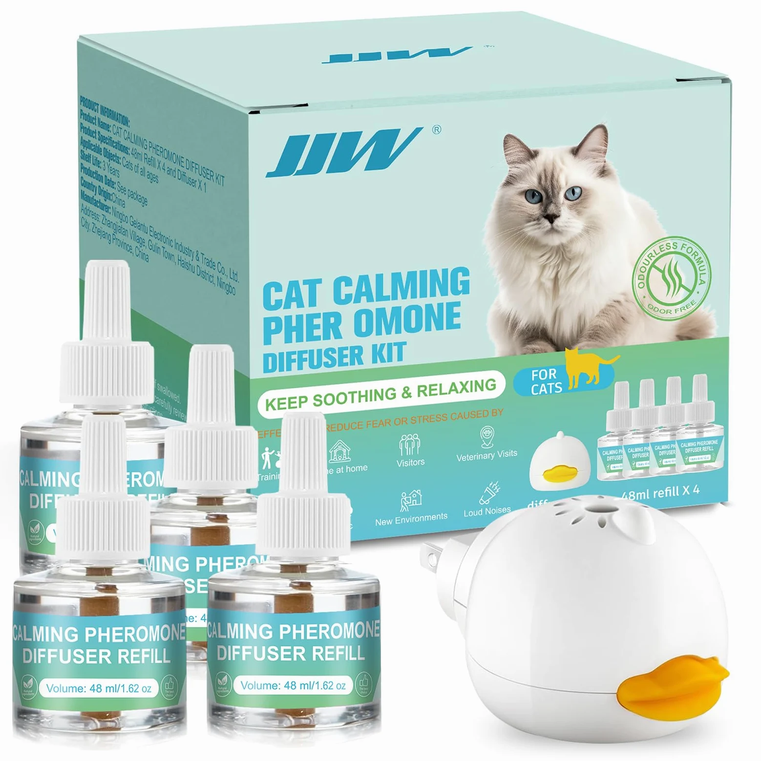 JJW Diffuseur de phéromones apaisant pour Chat, Recharge Anti-Stress Contre marquage et Peur, adapté aux Chatons et Chats âgés | Effet 30 Jours, Anti-Stress Naturel, Sûr pour Chatons, Contre Urine de Marquage, Recharge Incluse