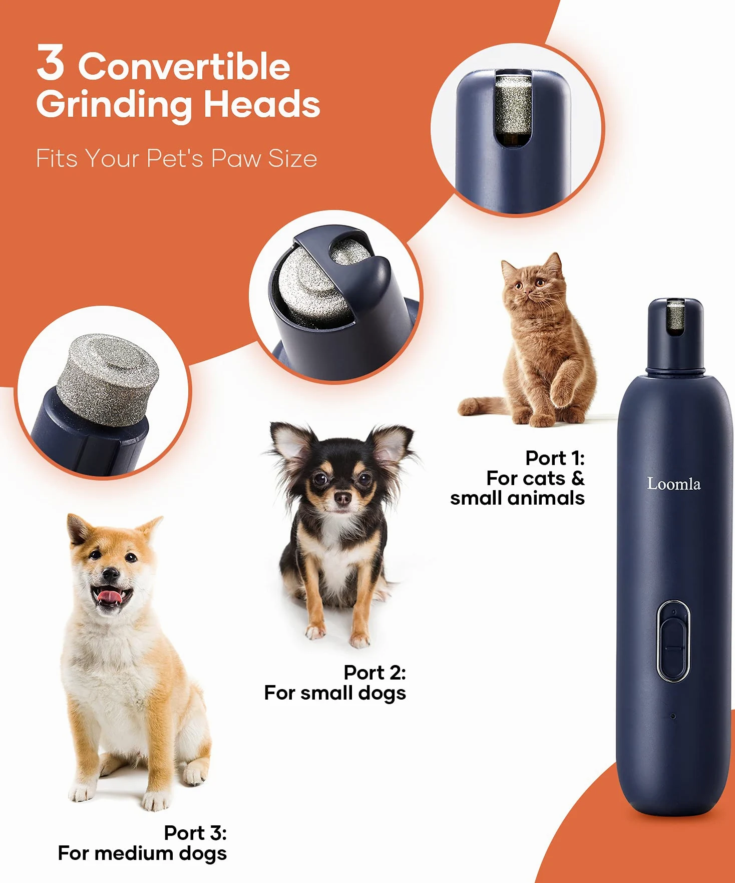 Broyeur à Griffes pour Chiens, Chats et Petits Animaux, toiletteur Professionnel avec 3 Pointes de meulage interchangeables, Faible Vibration et Fonctionnement Silencieux, Rechargeable par USB