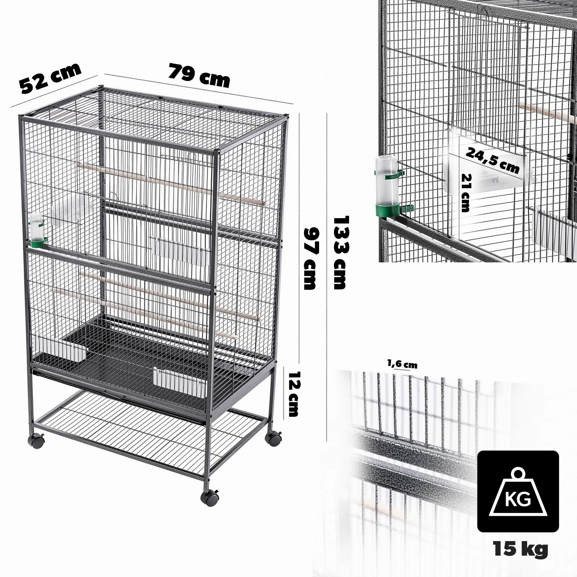 KADAX Volière à oiseaux 79 x 52 x 133 cm - Cage à oiseaux sur roulettes avec perchoirs, mangeoires et distributeur d'eau - Cage en métal pour perruches, perroquets